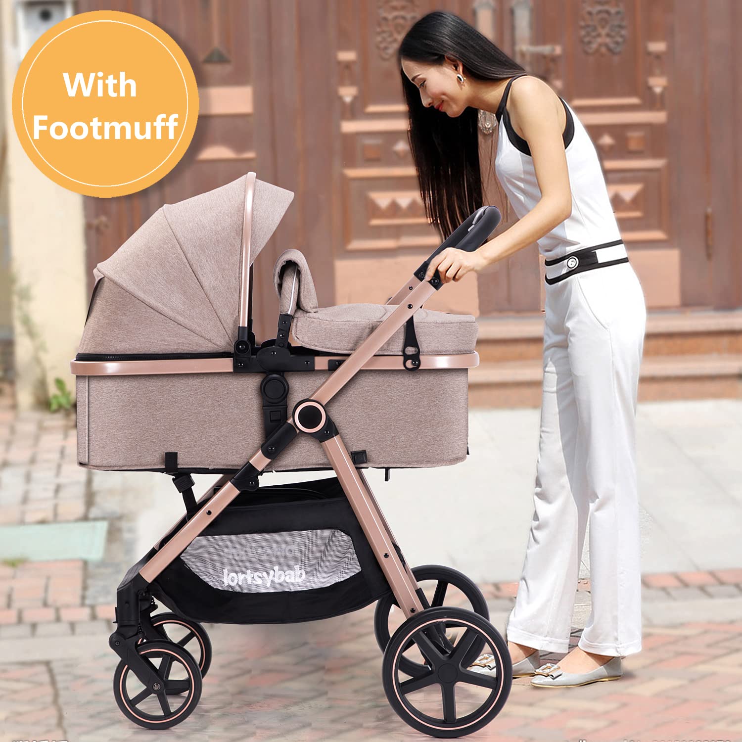 Highlights that the stroller comes with a footmuff, emphasizing added value and comfort for the baby. Shows the stroller being used in an urban setting, demonstrating its suitability for city life…