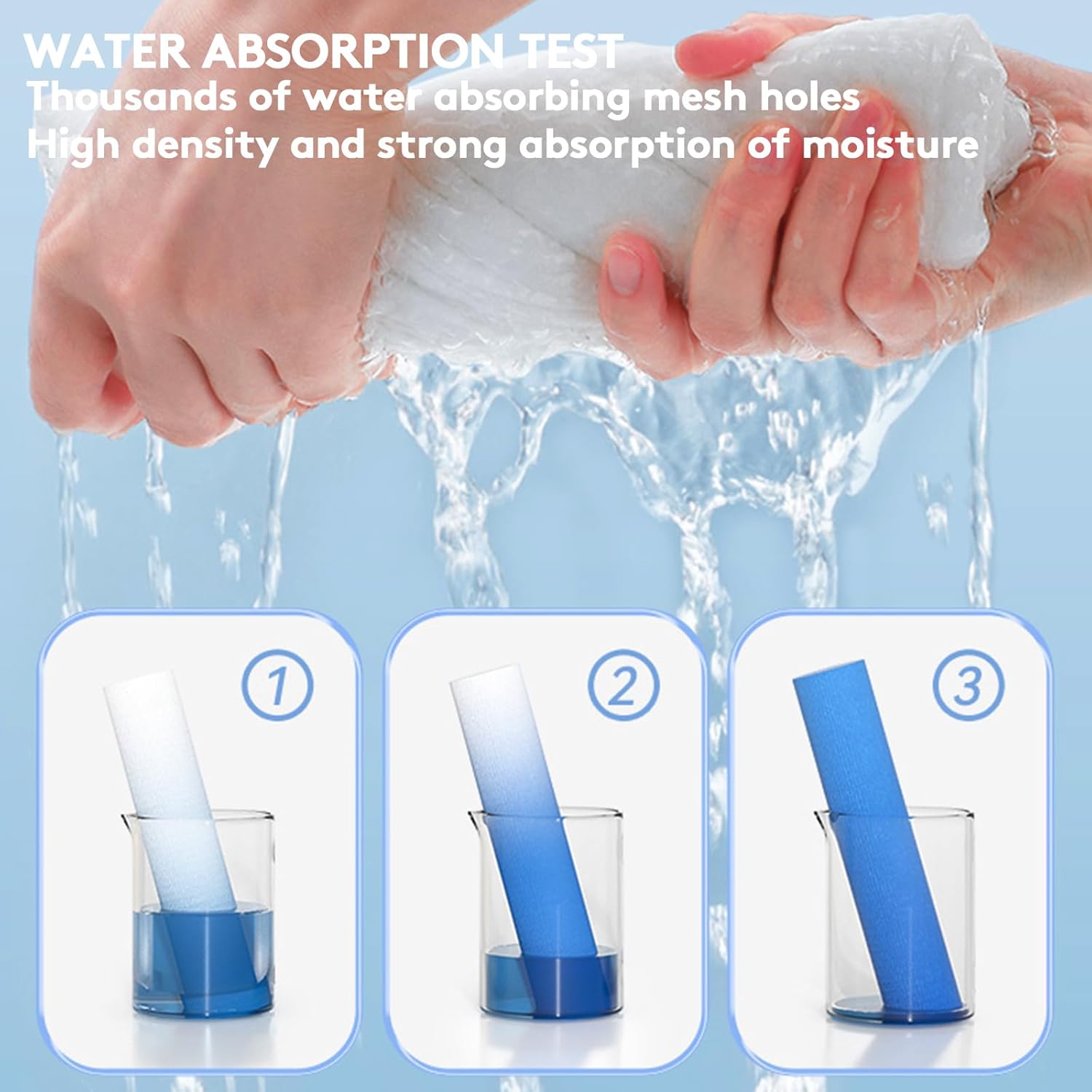 Demonstrates the product's superior water absorption capability through a visual test, highlighting its effectiveness for moisture control.