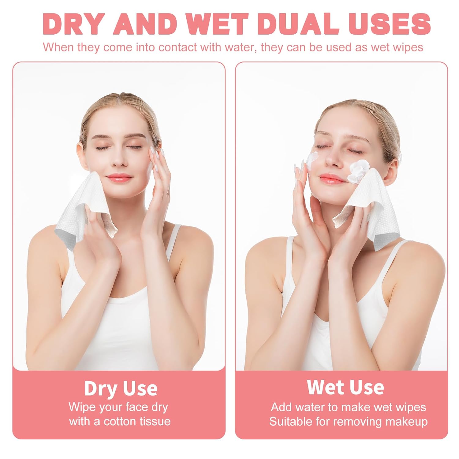 Demonstrates the versatility of the product by showing it can be used both dry and wet for different skincare applications.