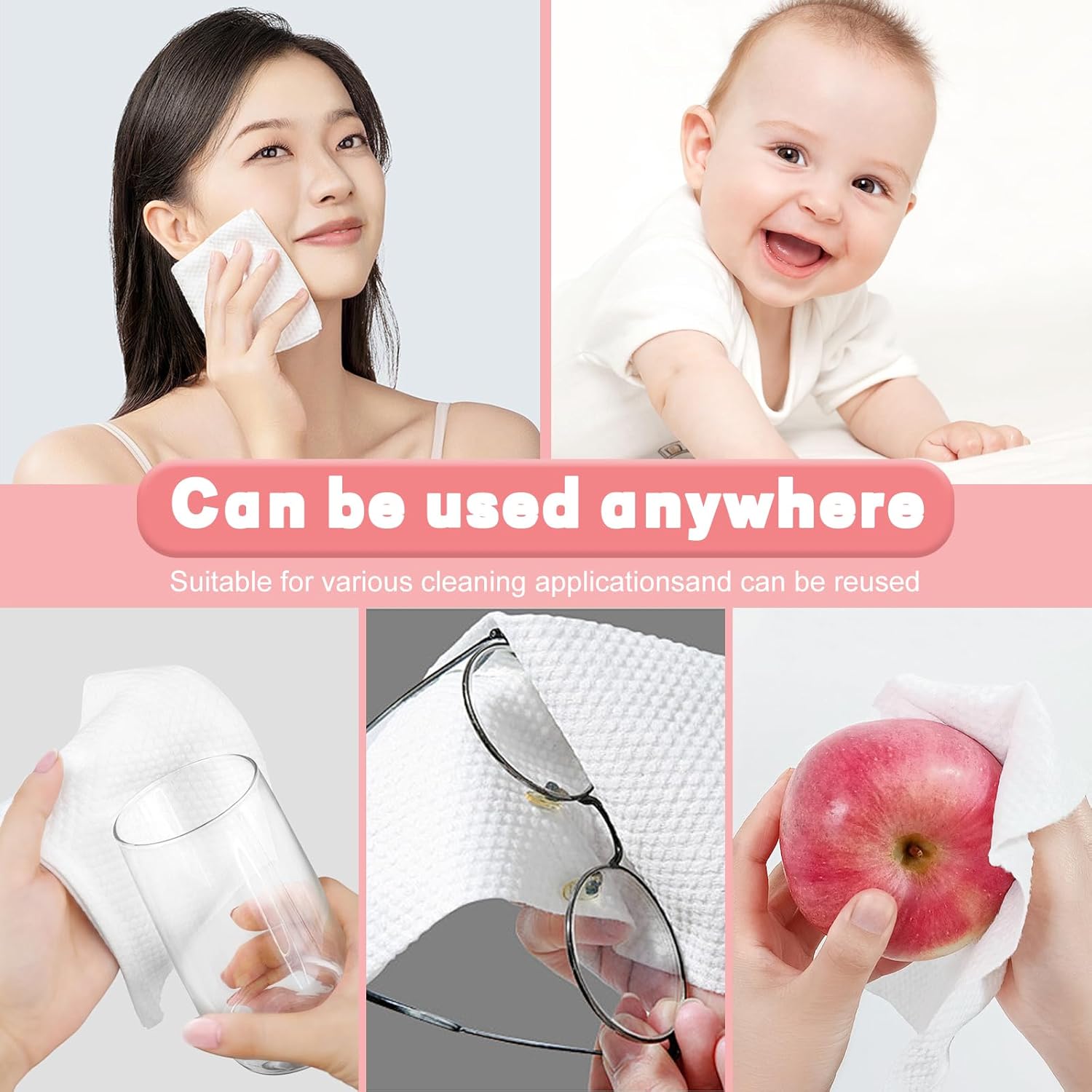 Demonstrates the versatility of the product by showing it can be used for facial cleansing, baby care, glasses cleaning, and fruit washing.
