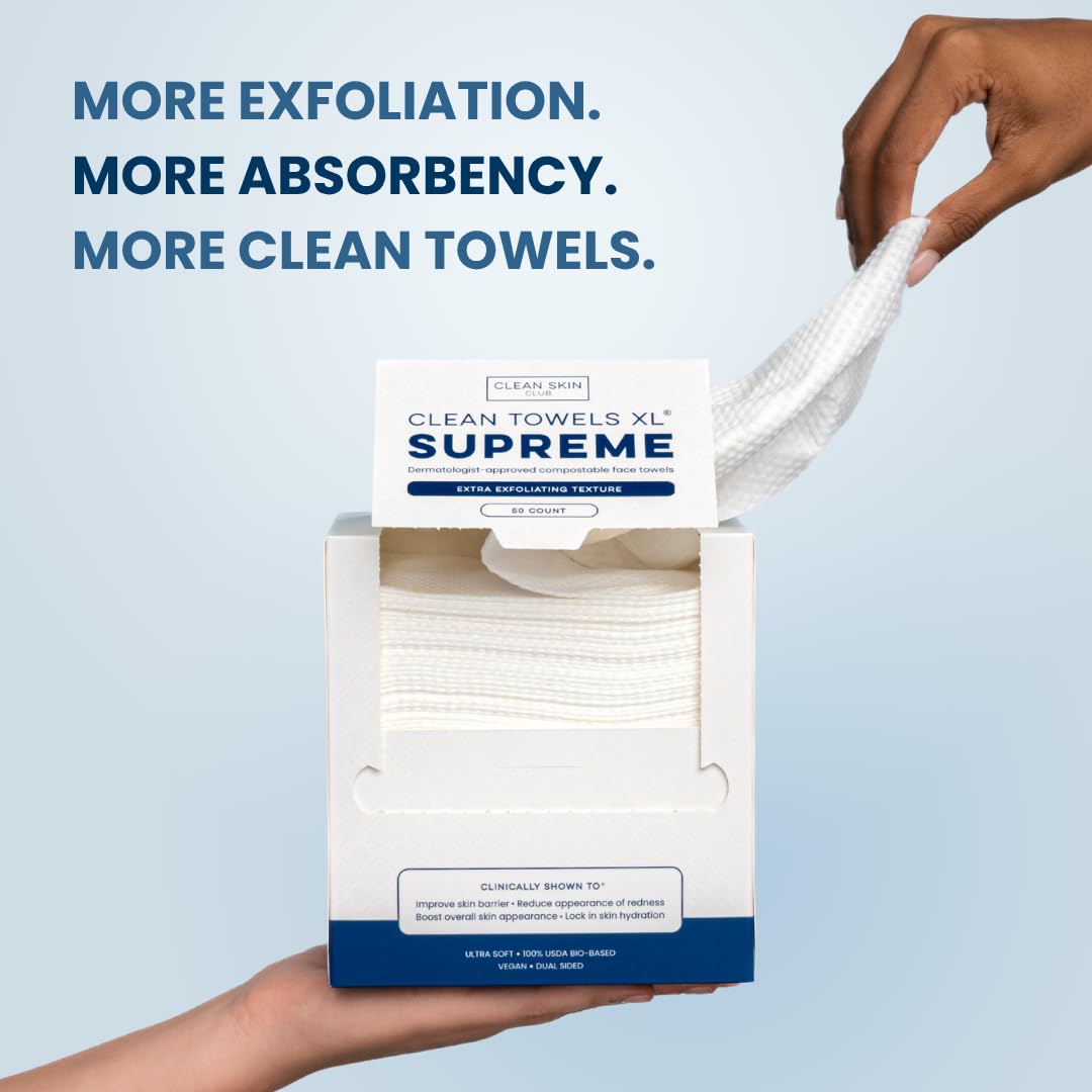 Highlights multiple benefits of the product: enhanced exfoliation, increased absorbency, and cleaner towels, to showcase its superior performance for skincare.