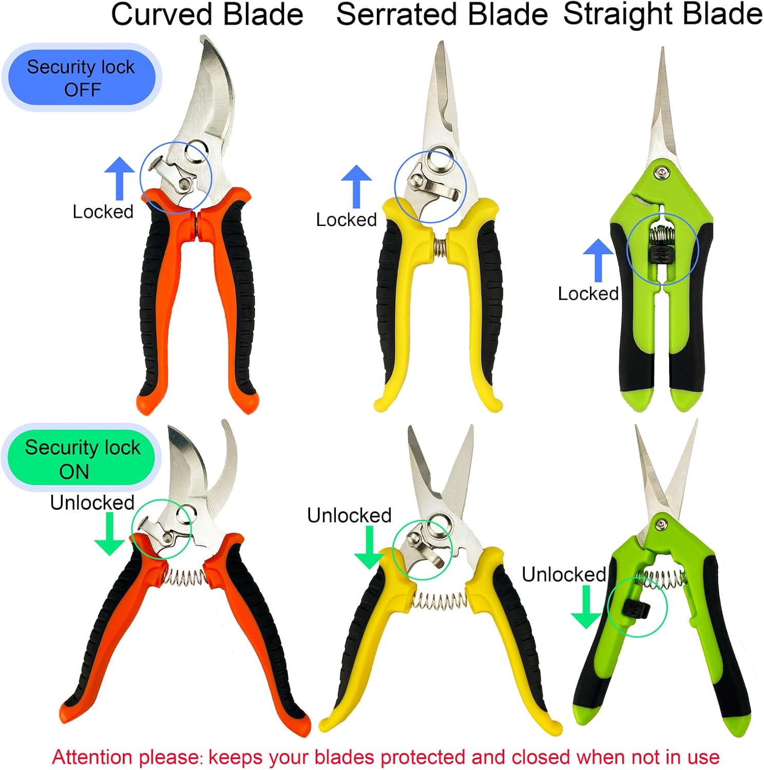 Demonstrates how to use the safety lock feature on different types of pruning shears, ensuring proper and safe usage of the tools. Highlights the safety feature of locking blades when not in use,…
