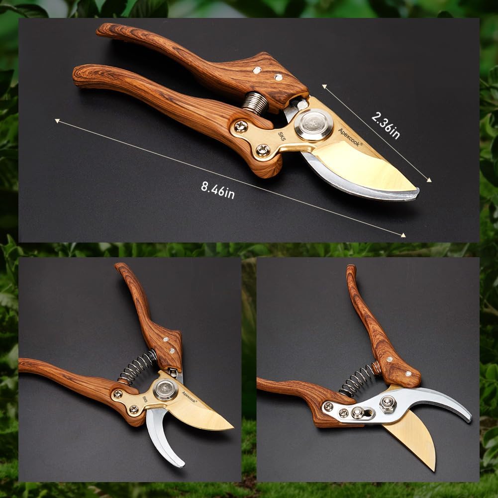 Shows the exact length of the pruning shears to give customers a clear understanding of the tool's size. Highlights the curved blade shape and wooden handle design to showcase the product's quality…
