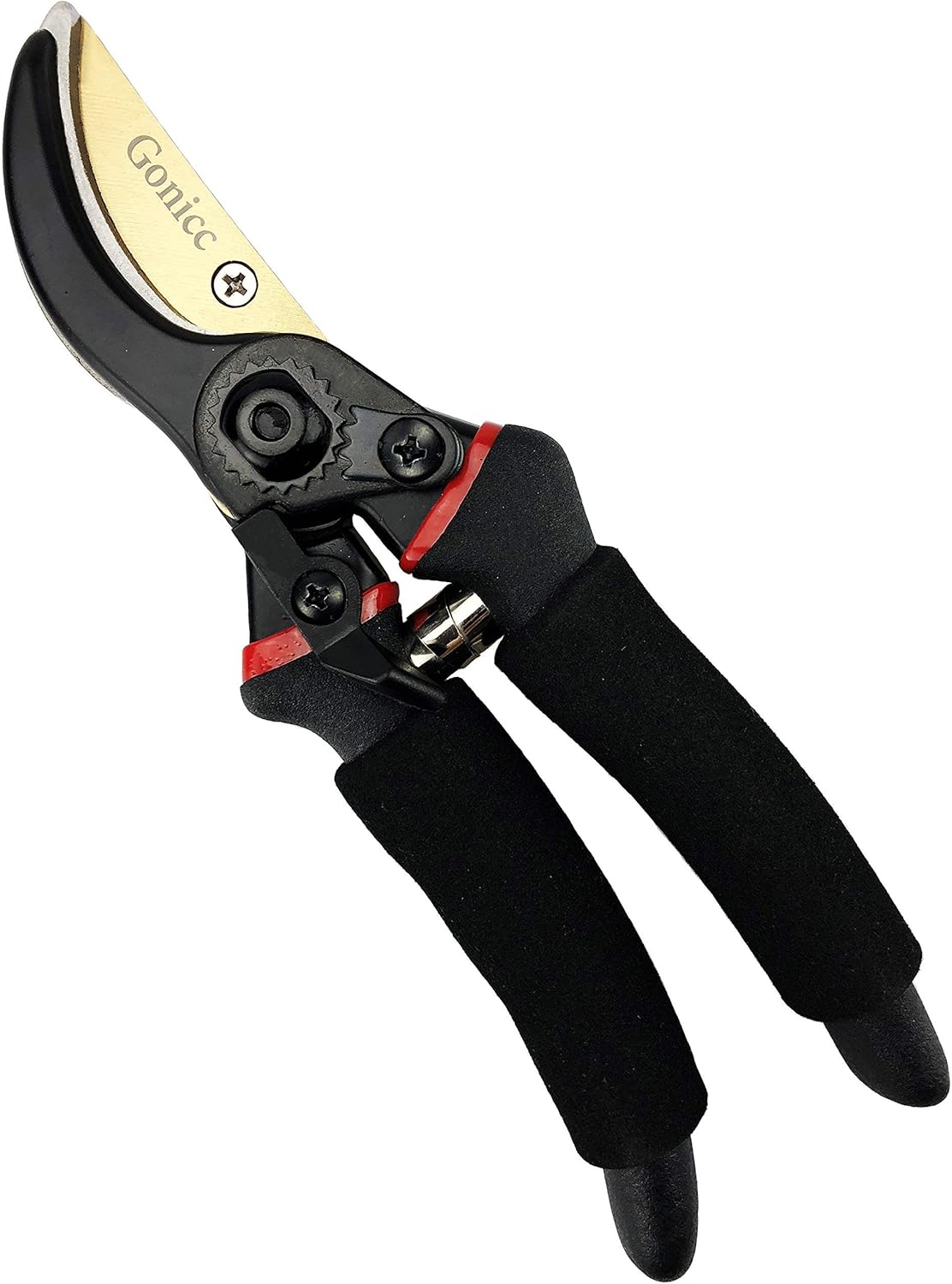 Showcases the key components and design of the pruning shears, highlighting the blade and handle construction.