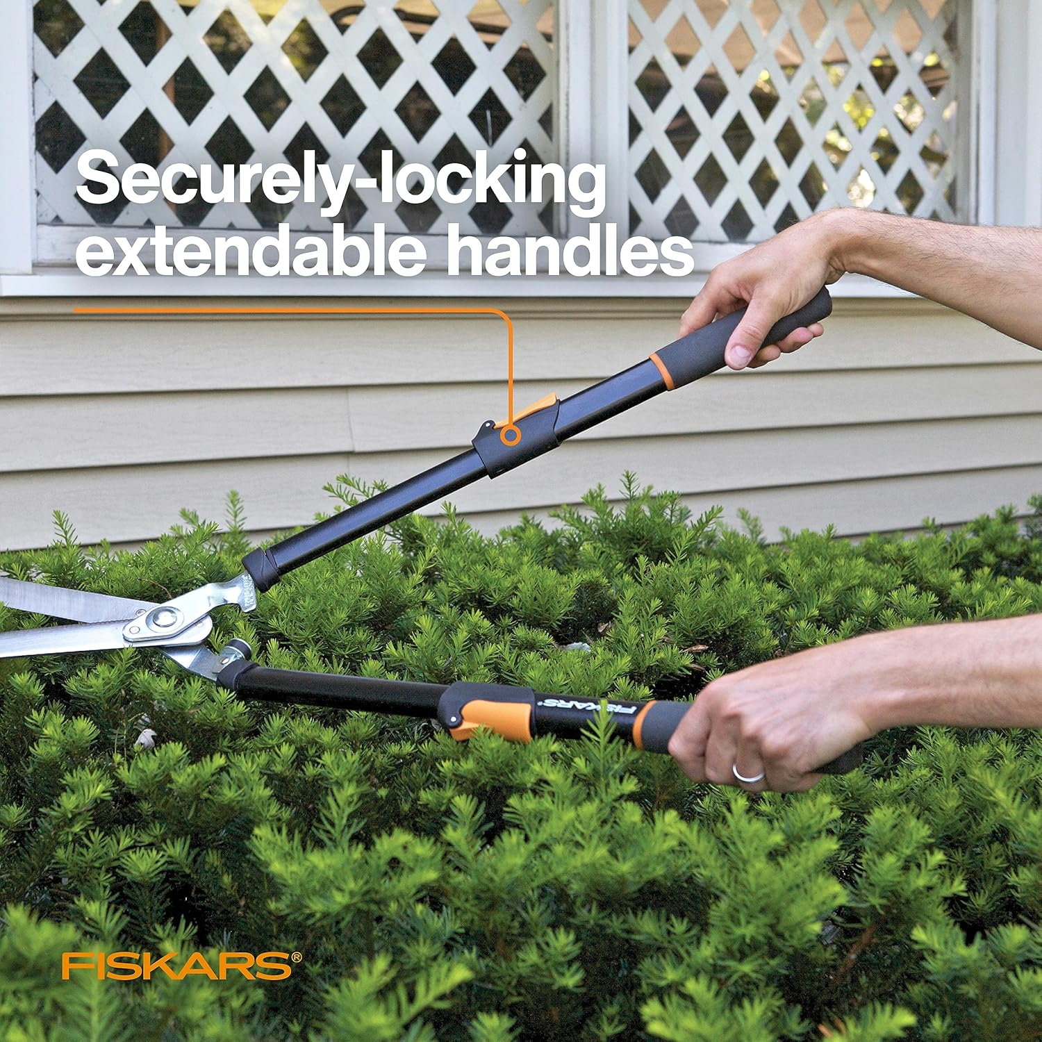Highlights the product's securely-locking extendable handles, emphasizing improved reach and ease of use for gardening tasks.