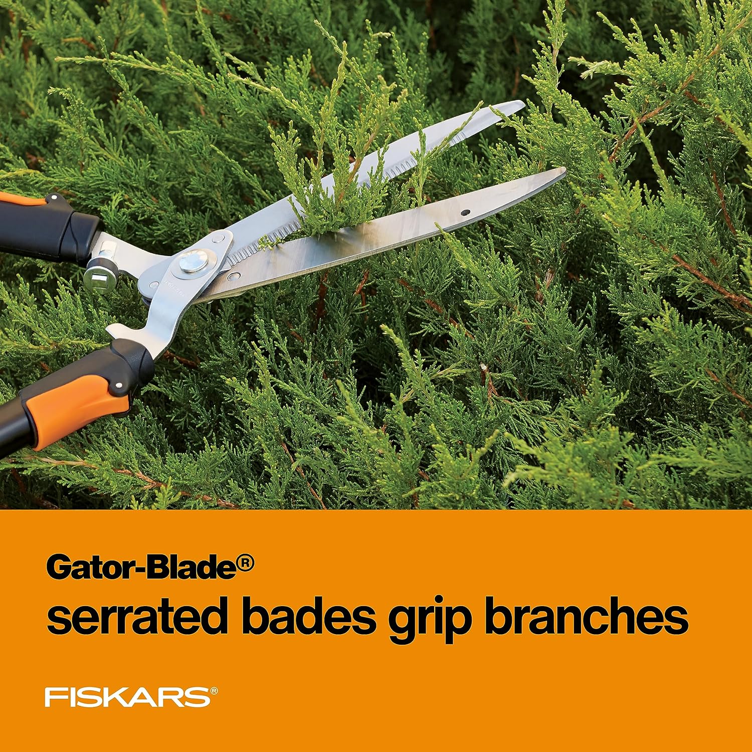 Highlights the Gator-Blade serrated design that grips branches effectively for precise cutting.