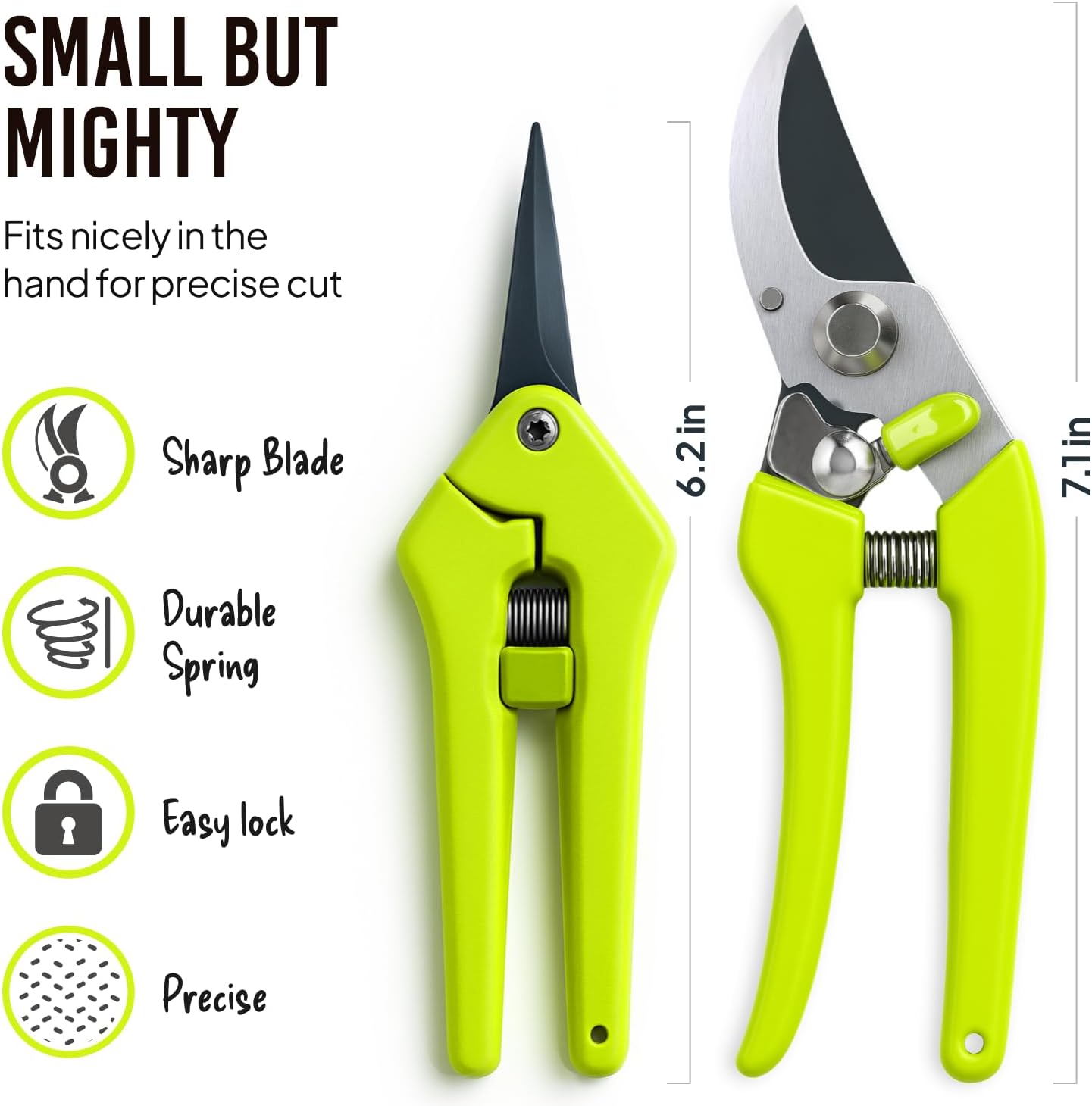 Highlights multiple features of the pruning shears to demonstrate its effectiveness and ease of use for precise cutting tasks. Shows the dimensions of the pruning shears to emphasize its small,…
