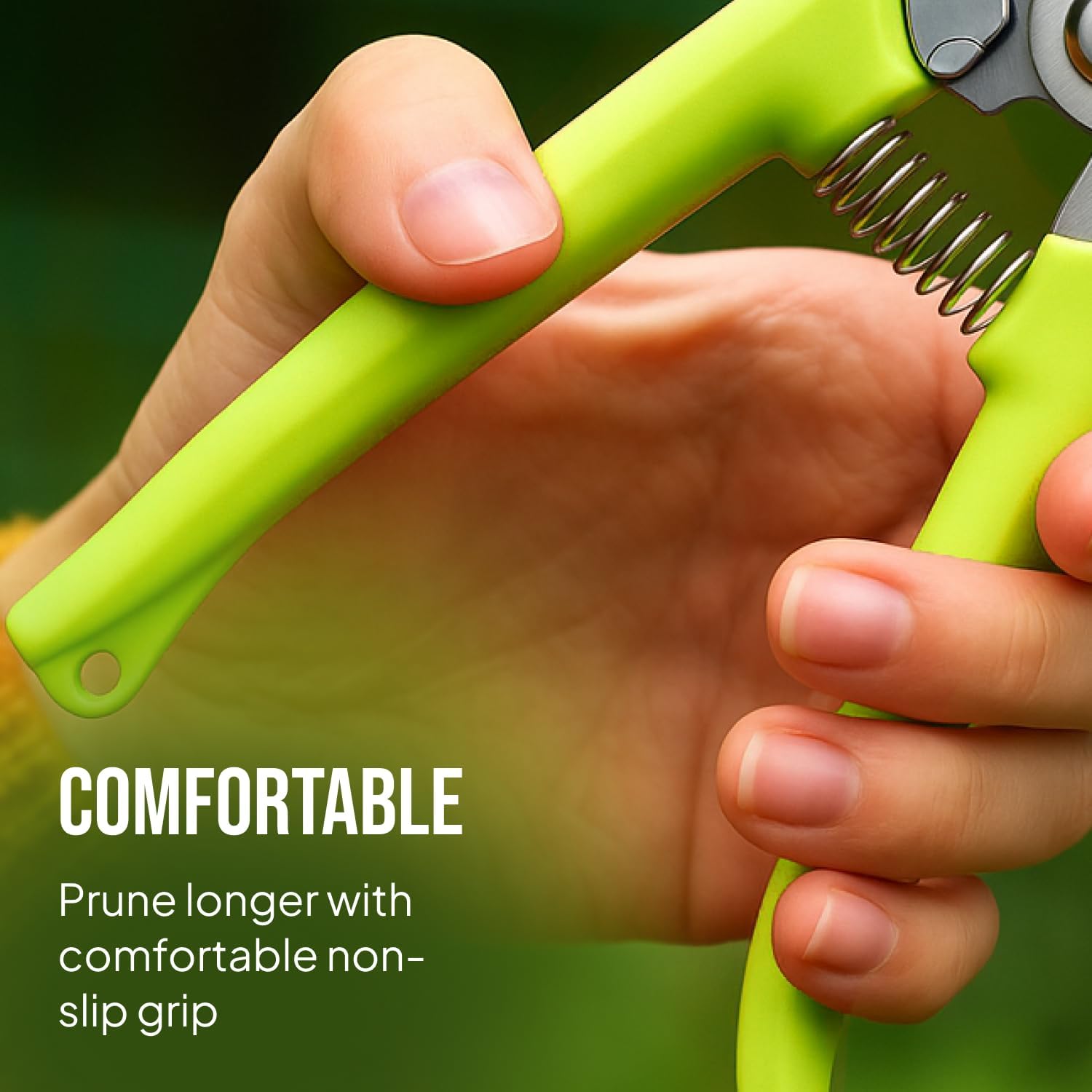 Highlights the ergonomic design of the pruning tool, emphasizing comfort and safety during extended use.