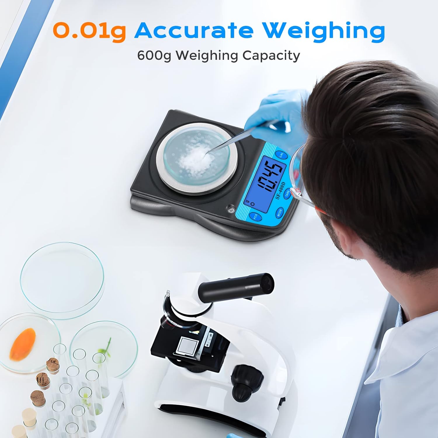 Highlights the scale's precise 0.01g accuracy and 600g capacity to appeal to users needing highly accurate measurements.
