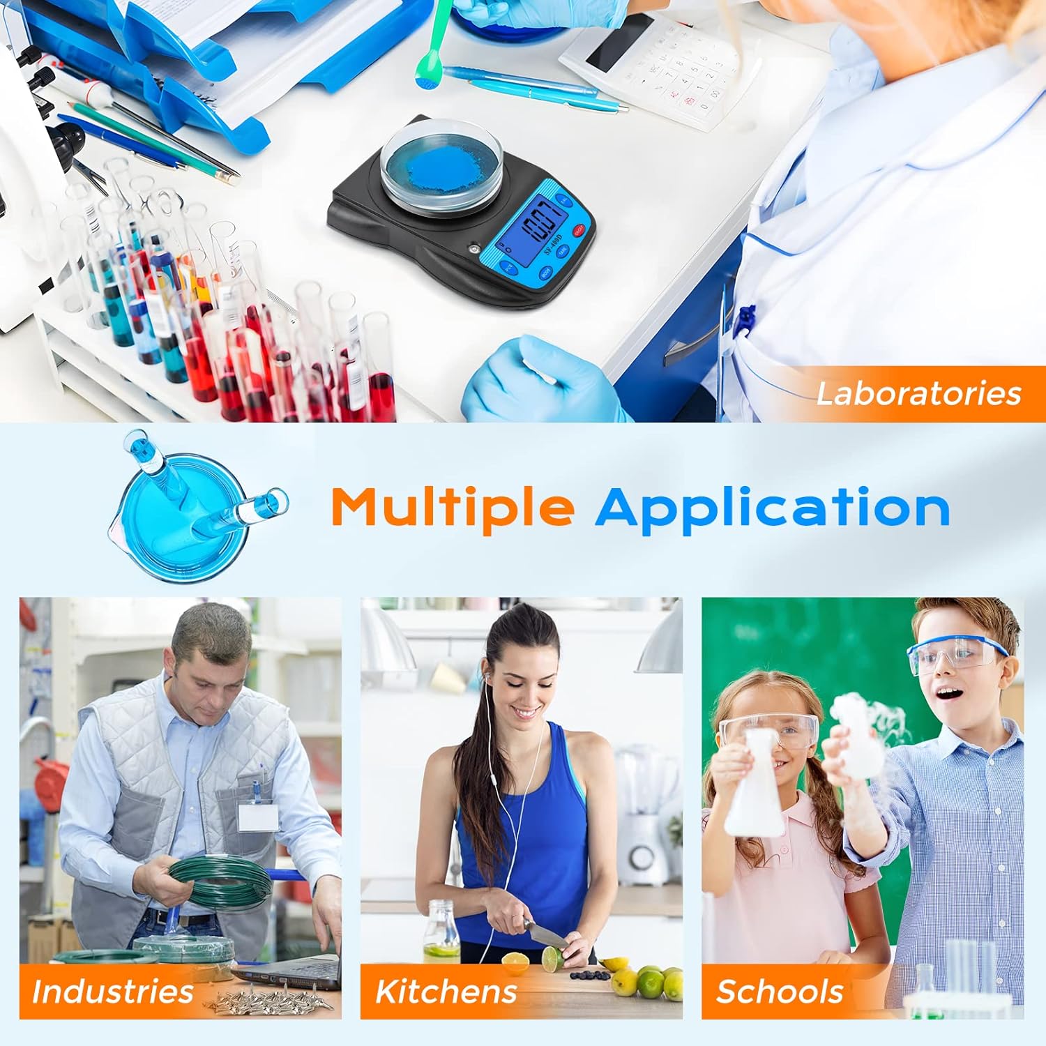 Demonstrates the versatility of the product by showing its applicability in various settings, from professional labs to home kitchens and educational environments.