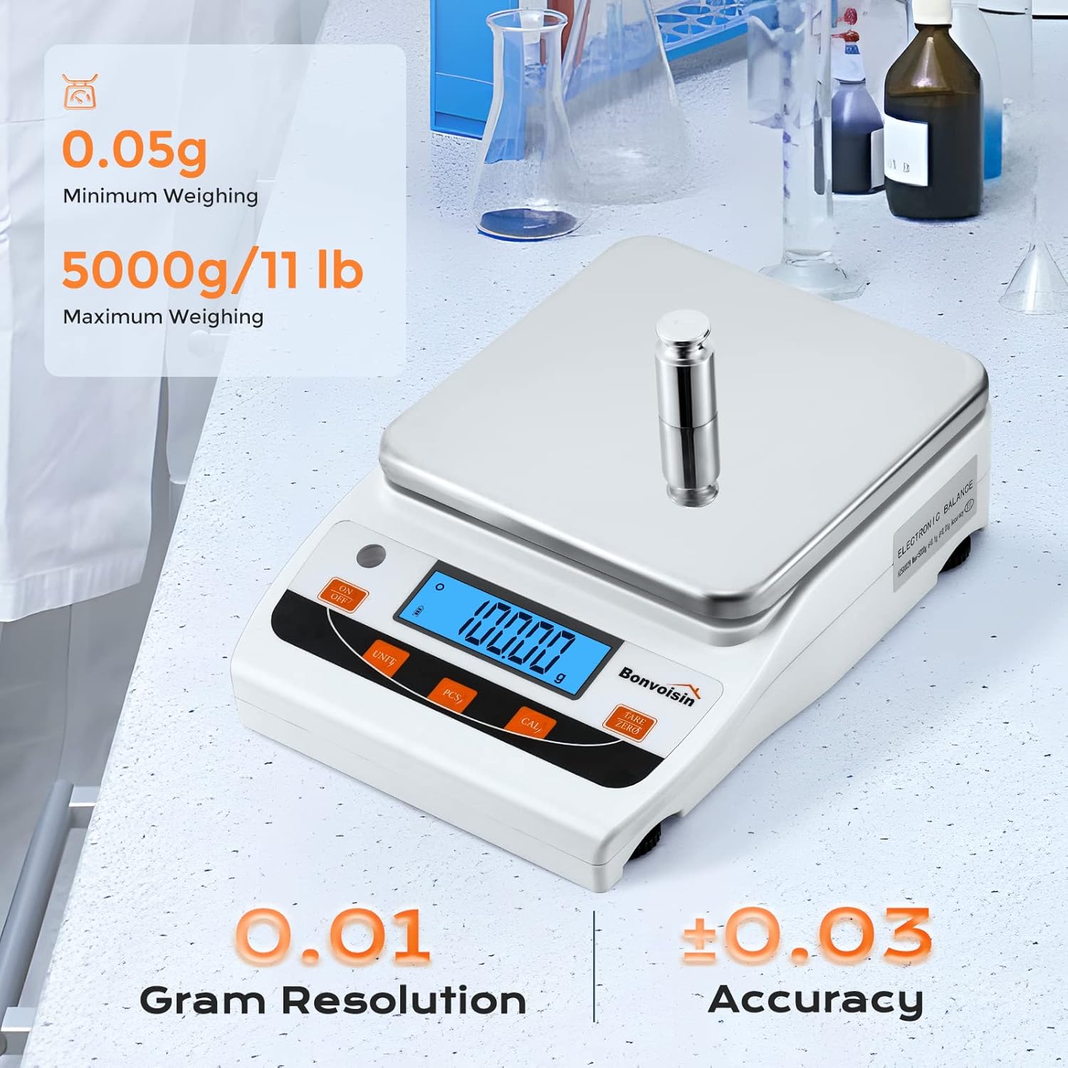 Highlights the scale's high precision and wide weighing range to appeal to users needing accurate measurements for various applications.