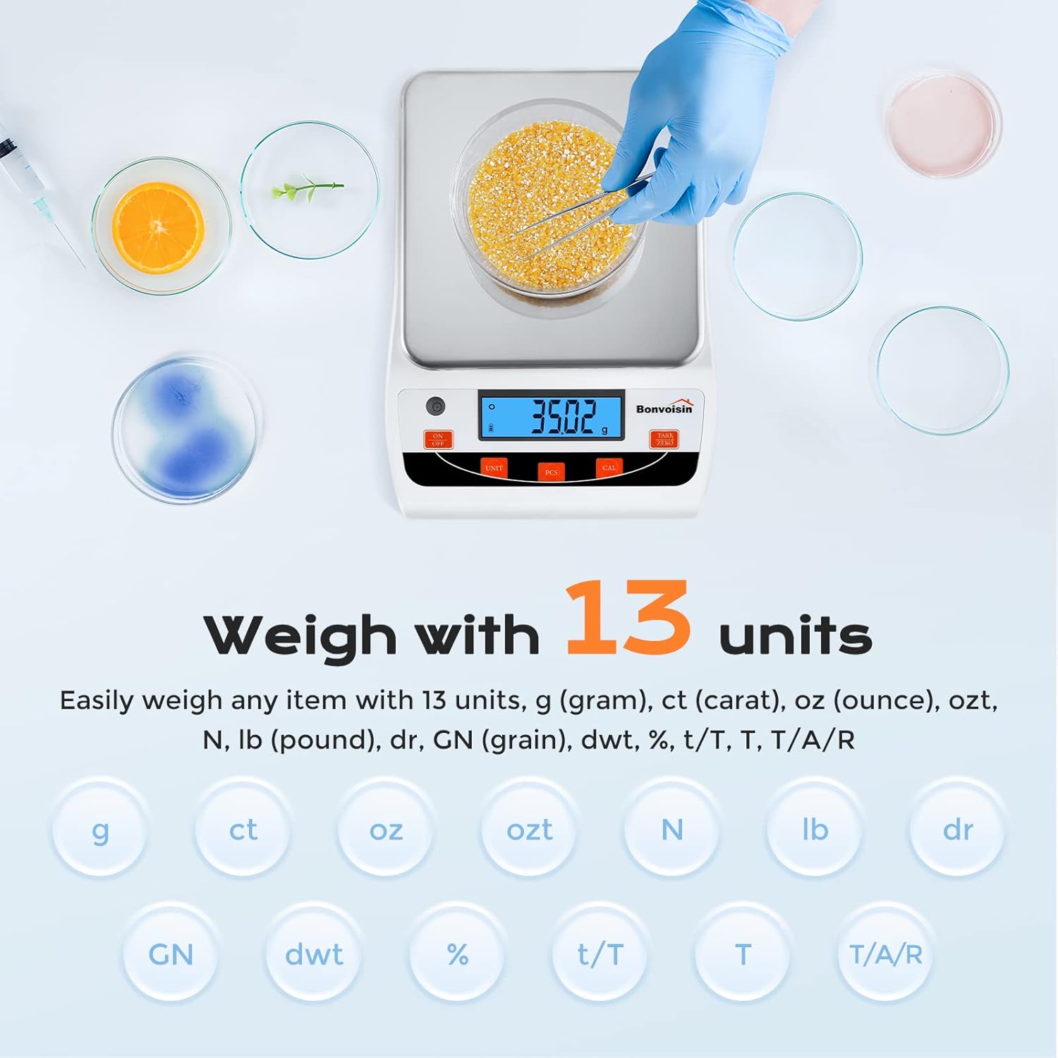 Highlights the scale's ability to weigh items using 13 different units of measurement, emphasizing its versatility and precision for various weighing needs.