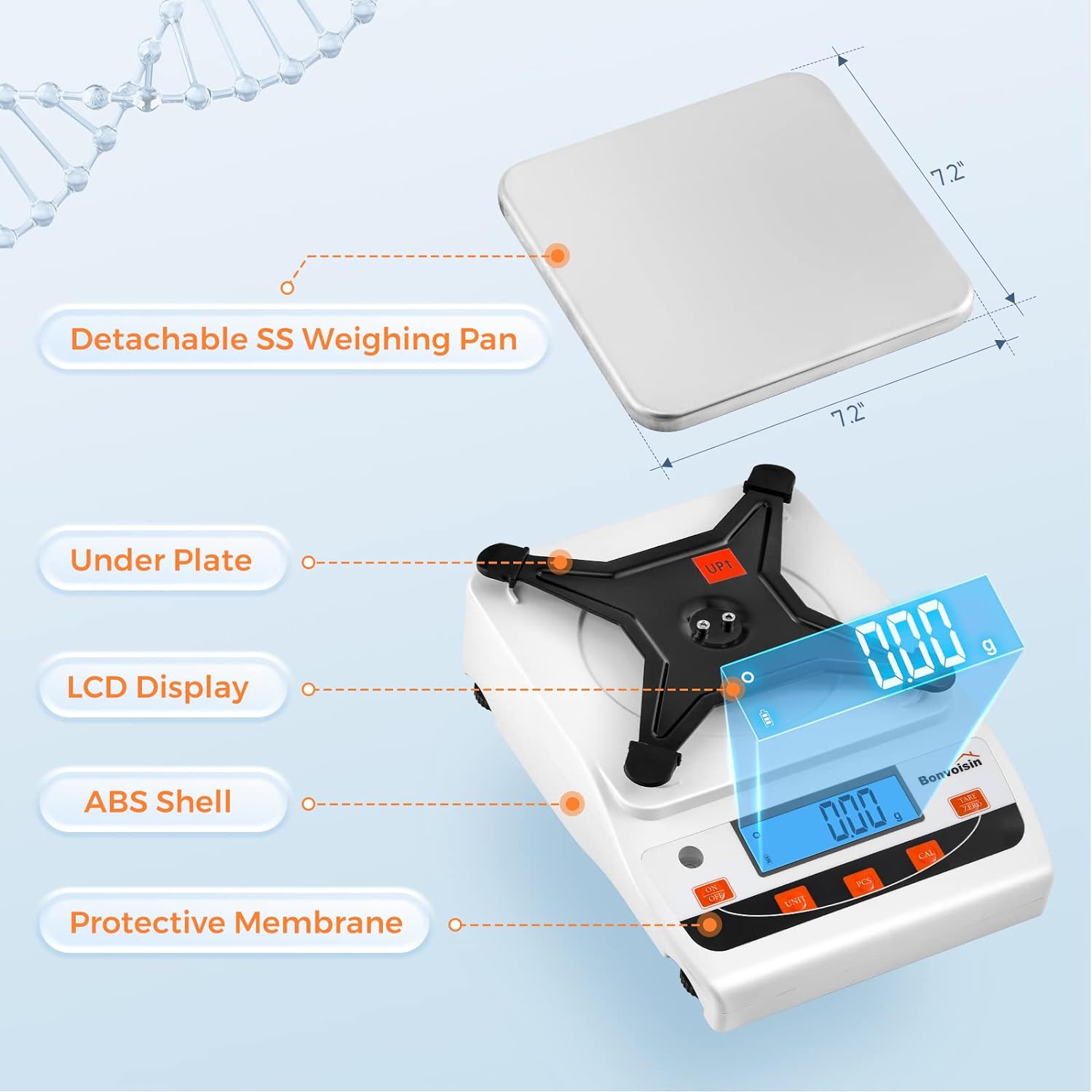 Highlights the key components and features of the digital scale, showing its construction and functionality. Provides the exact measurements of the weighing pan to inform customers about the…