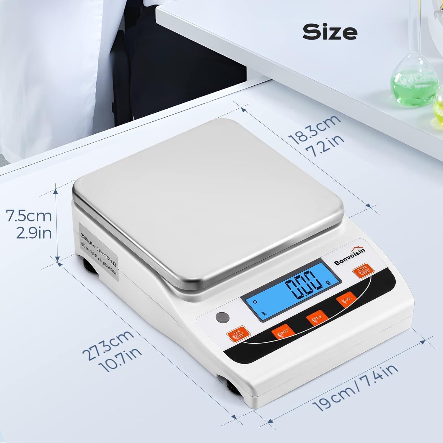 Provides exact measurements of the digital scale to help customers understand its physical size and space requirements.