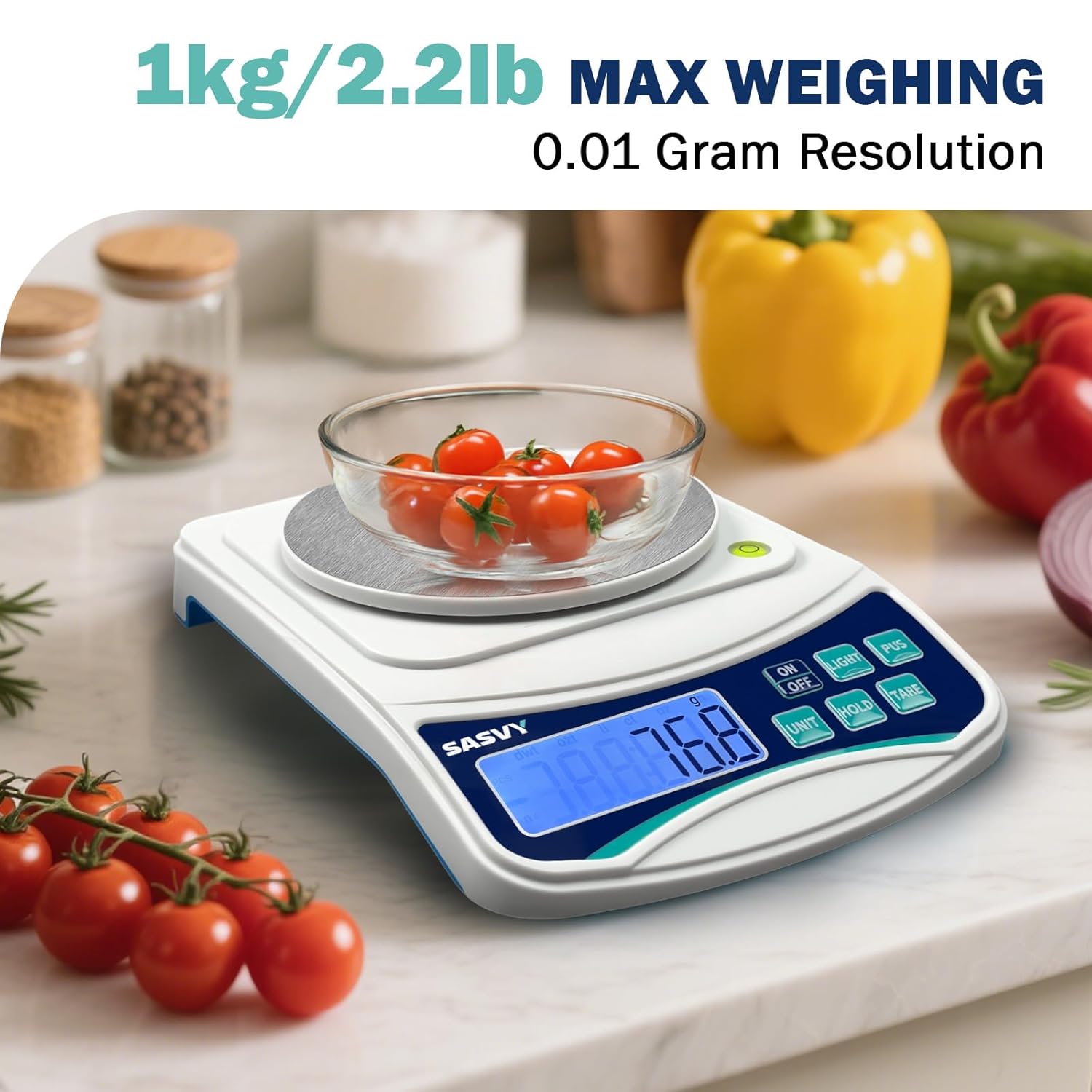 Highlights the scale's maximum weighing capacity and high precision to demonstrate its capabilities for accurate measurements.
