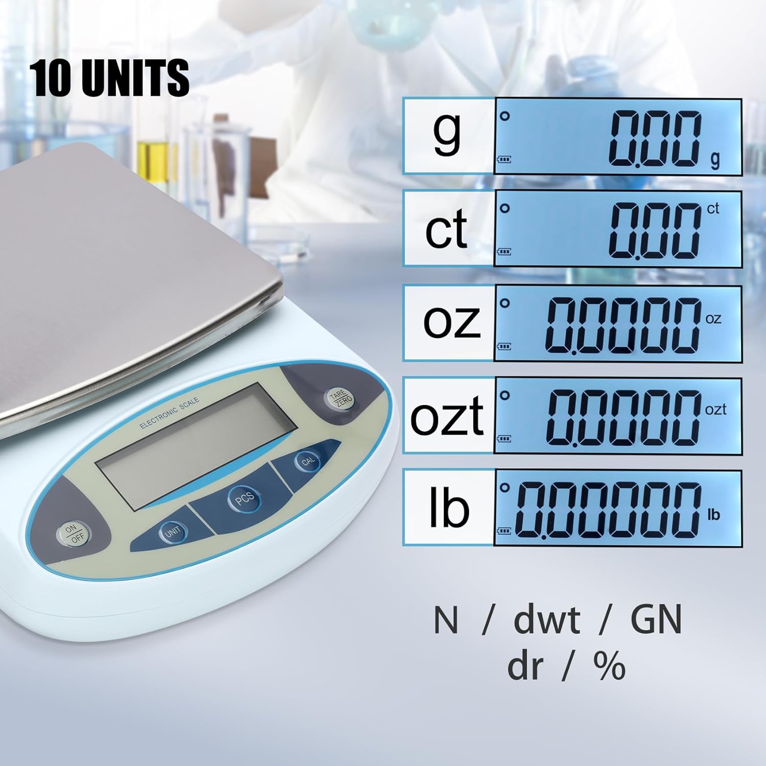 Showcases the scale's ability to measure in multiple units (g, ct, oz, ozt, lb) to highlight versatility for different weighing needs.