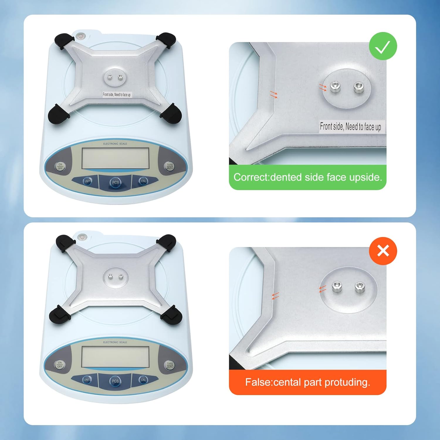Demonstrates the proper way to place the product on the scale, ensuring accurate measurements.