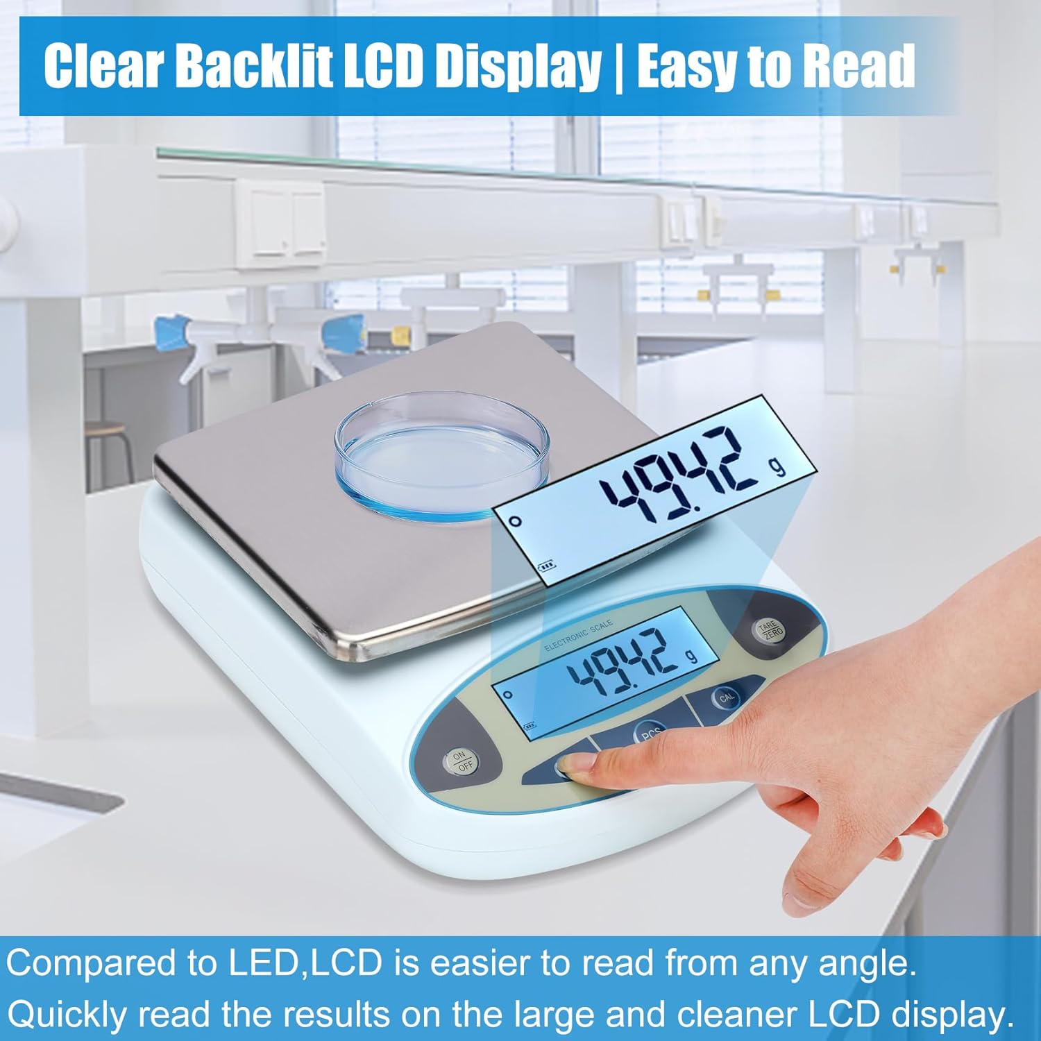 Highlights the easy-to-read LCD display feature of the scale, emphasizing its clarity and readability from any angle.