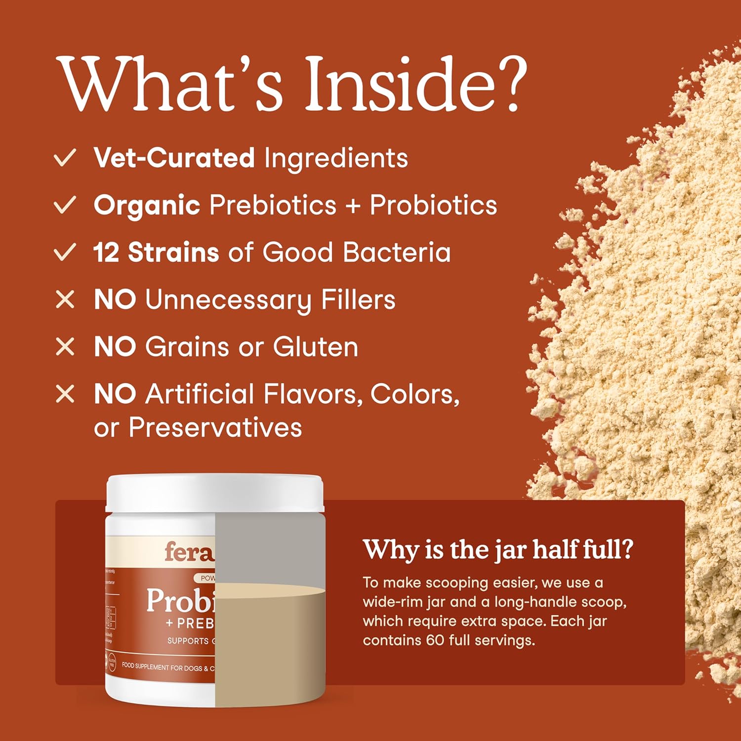 Highlights the product's high-quality, natural ingredients and probiotic benefits while addressing potential customer concerns about the jar's fill level.