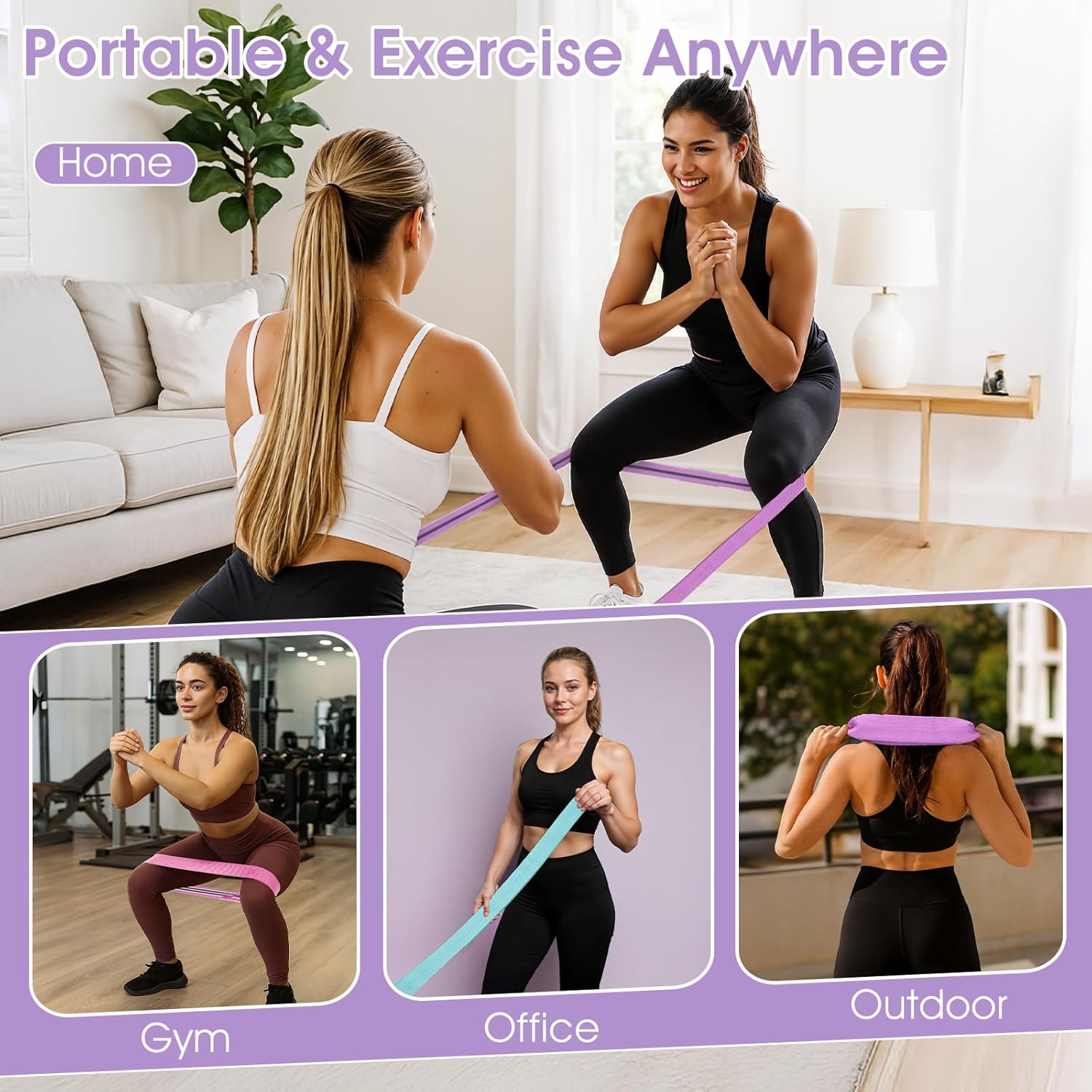 Demonstrates the product can be used for exercise in various settings: home, gym, office, and outdoors. Highlights the product's portability and versatility for exercising in different environments.