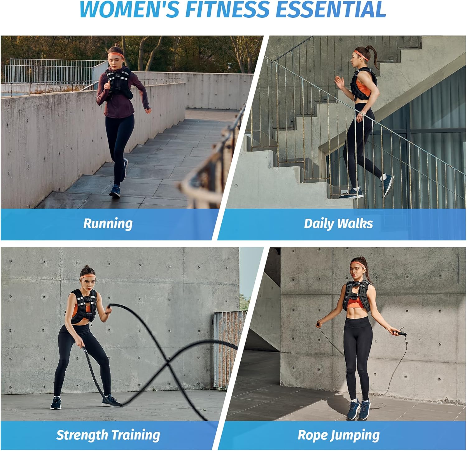 Showcases the various ways the product can be used for different fitness activities, demonstrating its versatility for women's exercise routines.