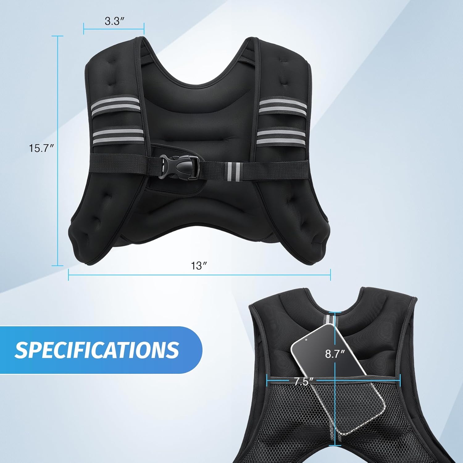 Provides exact measurements of the weighted vest to help customers understand its size and fit.