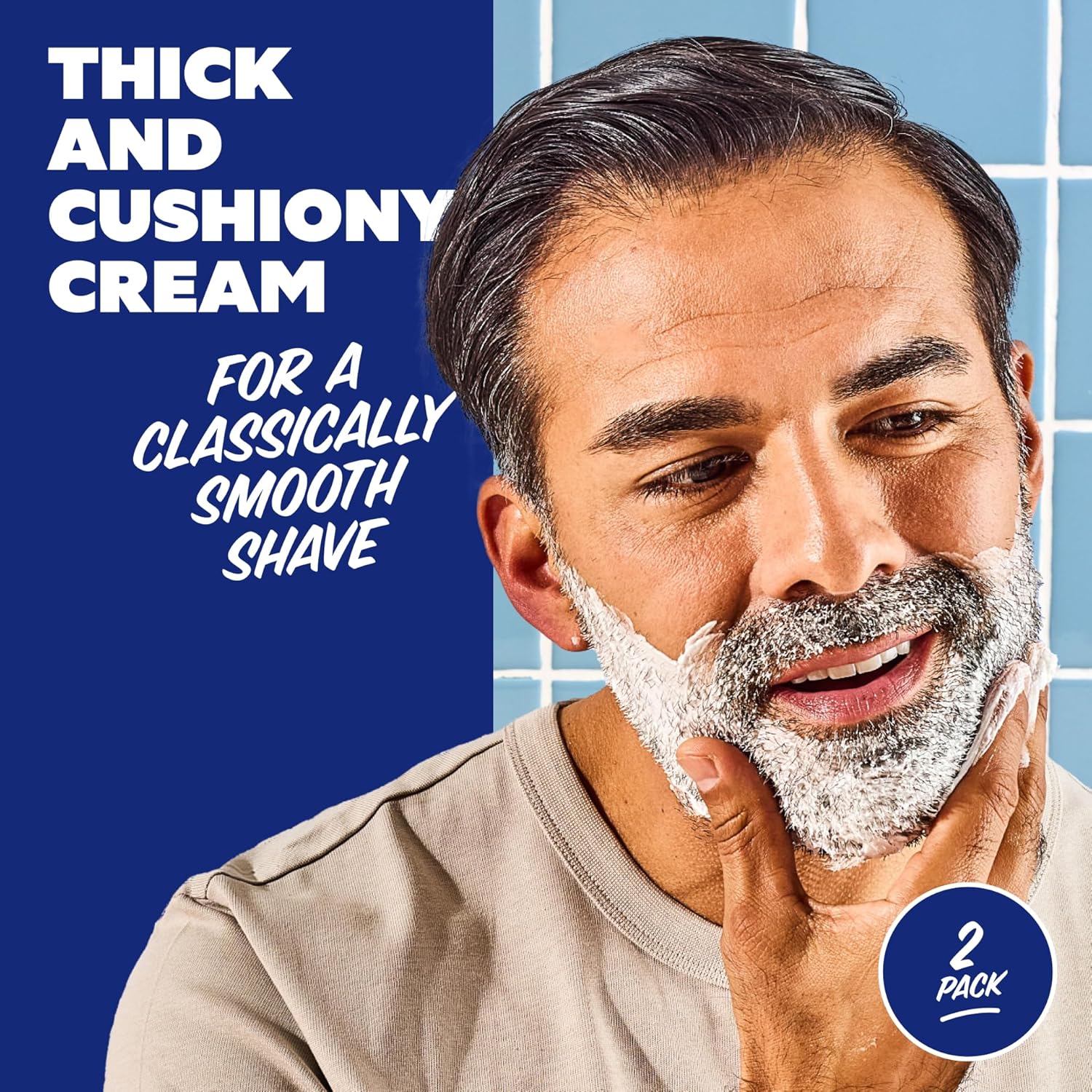 Highlights the product's thick and cushiony texture to promise a smooth, comfortable shave.