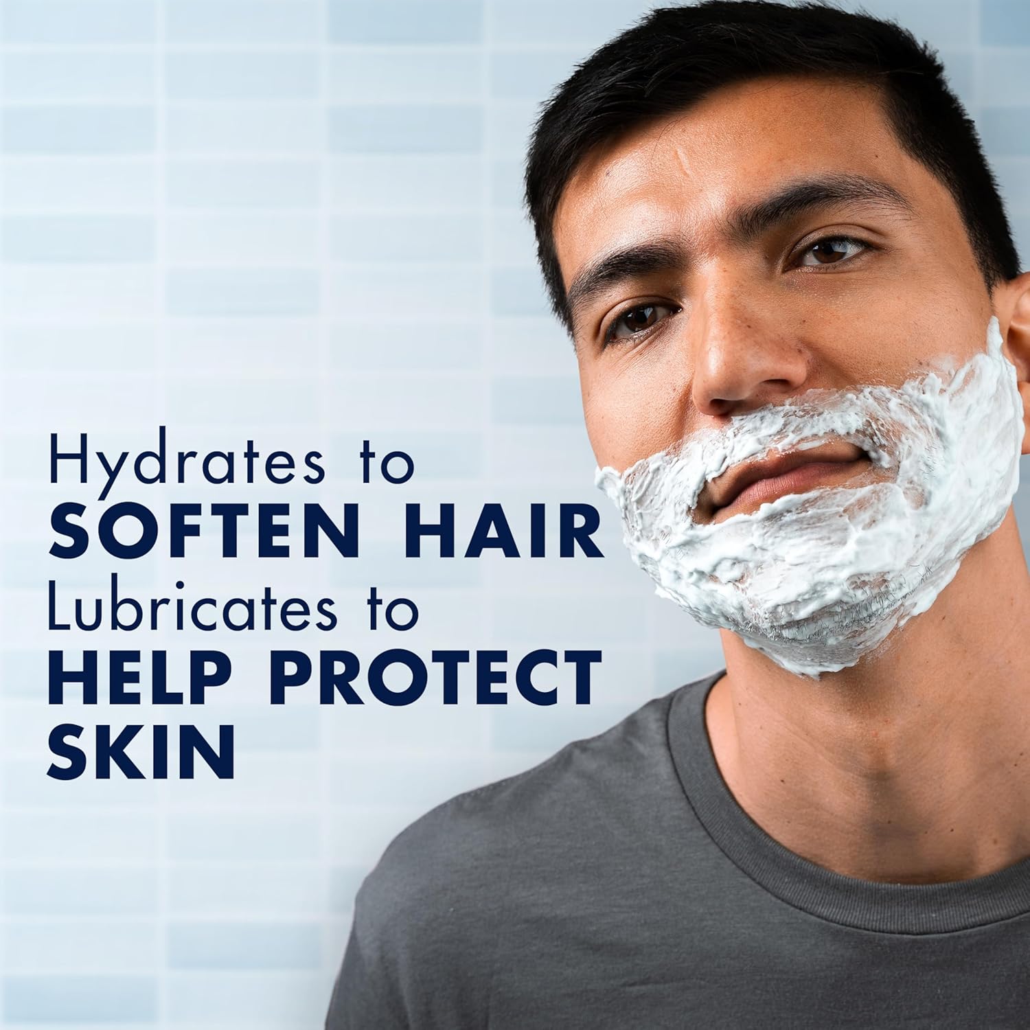 Highlights the dual benefit of the shaving product to soften hair and protect skin, emphasizing its moisturizing properties.