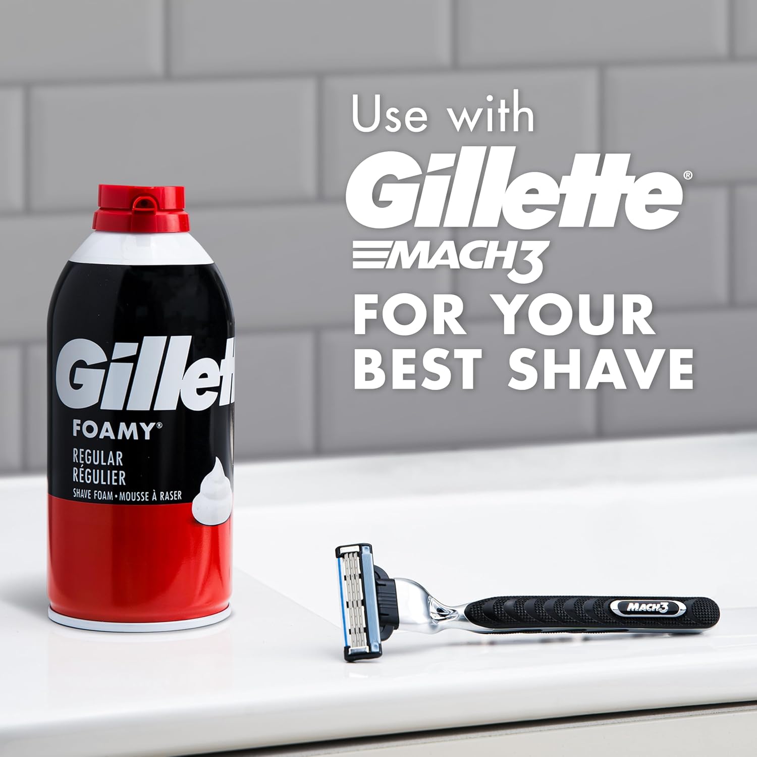 Informs customers that Gillette Foamy shaving cream is compatible with the Gillette Mach3 razor for optimal shaving results.