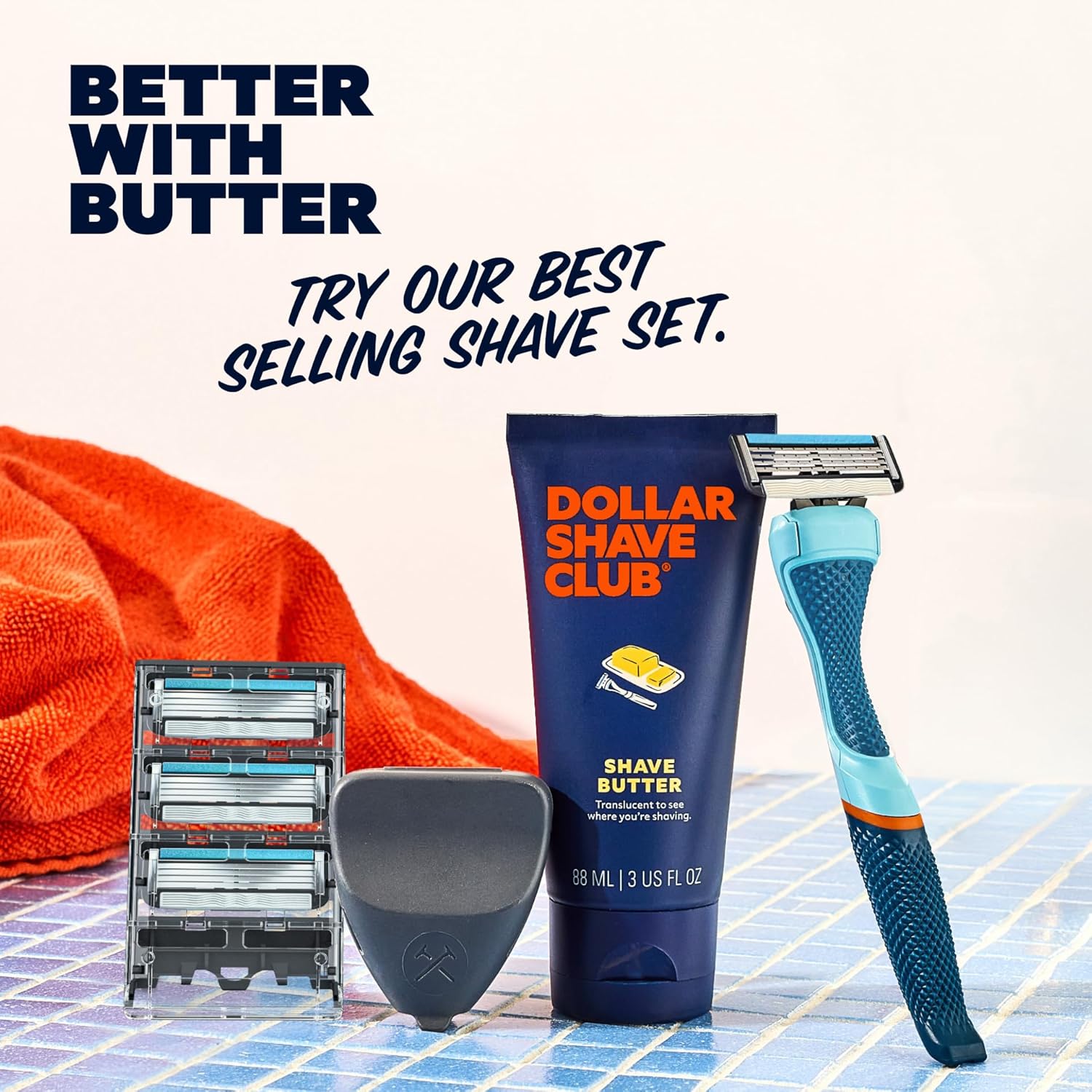 Shows all items included in the best-selling shave set, highlighting the value and completeness of the product bundle. Emphasizes the unique 'Shave Butter' product, suggesting a superior shaving…
