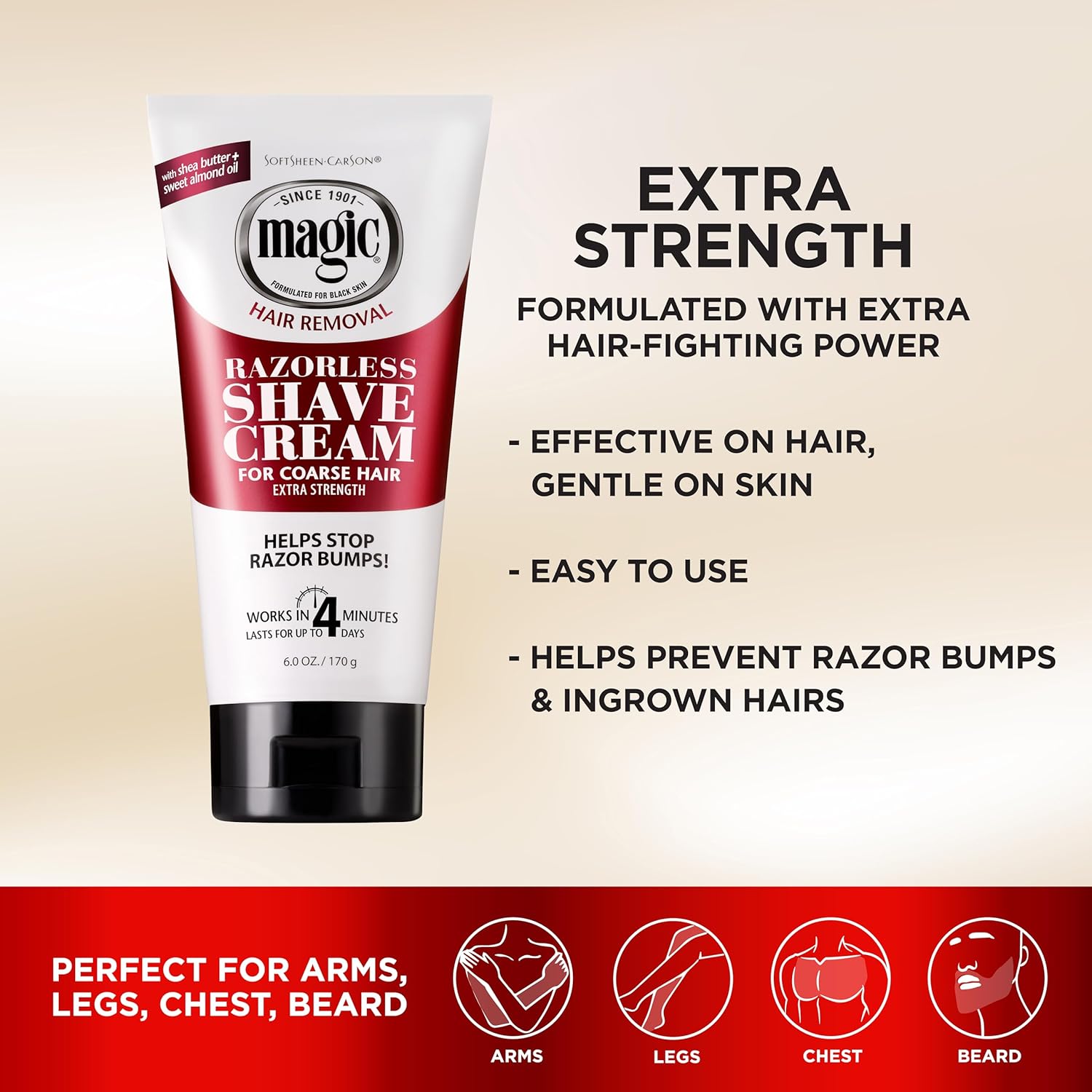 Highlights multiple benefits of the hair removal cream, emphasizing its strength, gentleness, and ability to prevent skin irritation.