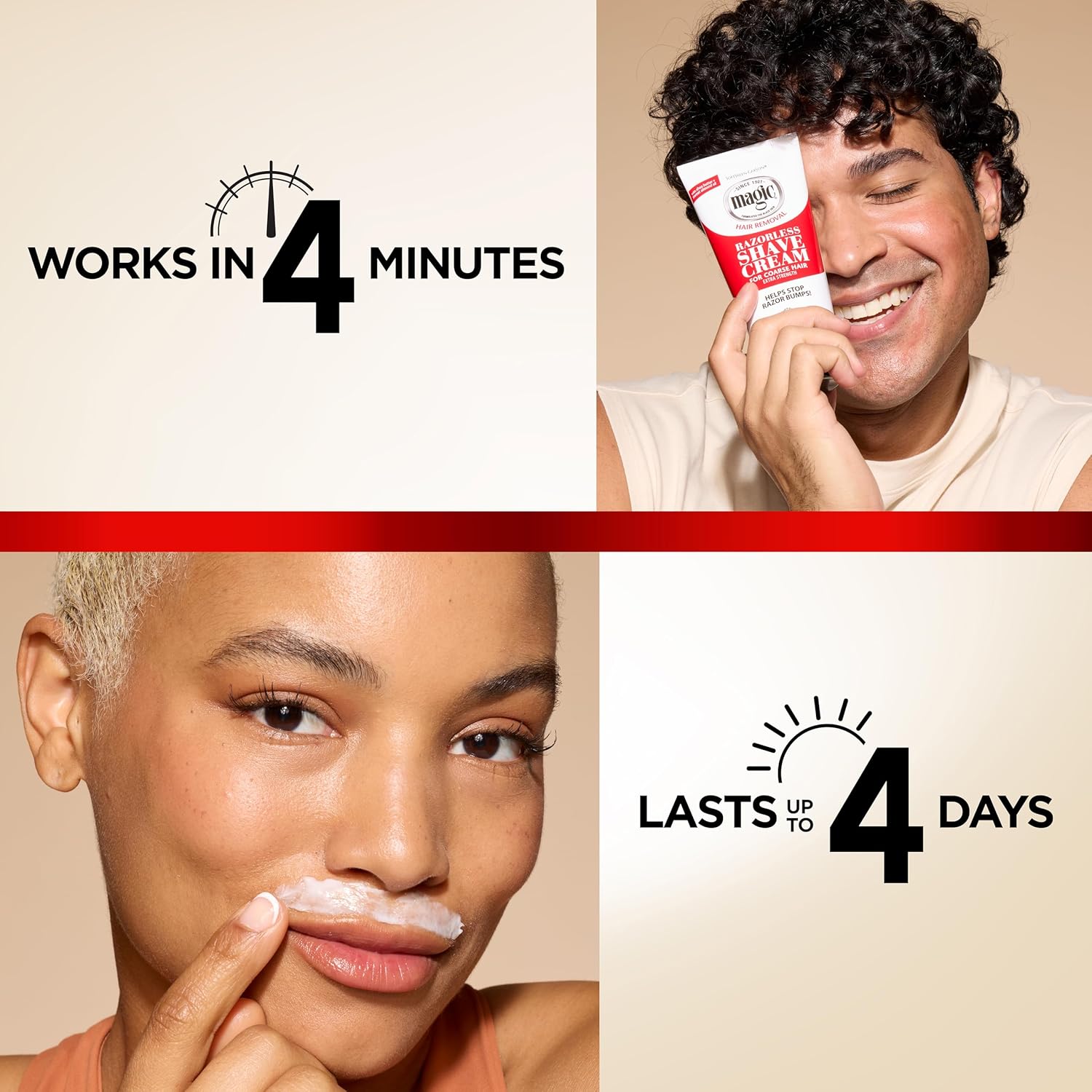 Highlights the product's quick effectiveness (4 minutes) and long-lasting results (4 days) to demonstrate its efficiency and value. Showcases the product's primary function as a hair removal cream,…