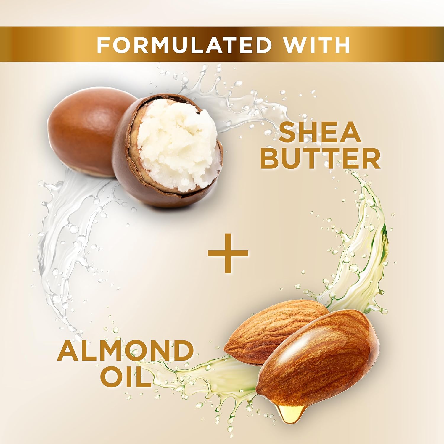 Highlights the product's key natural ingredients (shea butter and almond oil) to emphasize its moisturizing and nourishing properties.