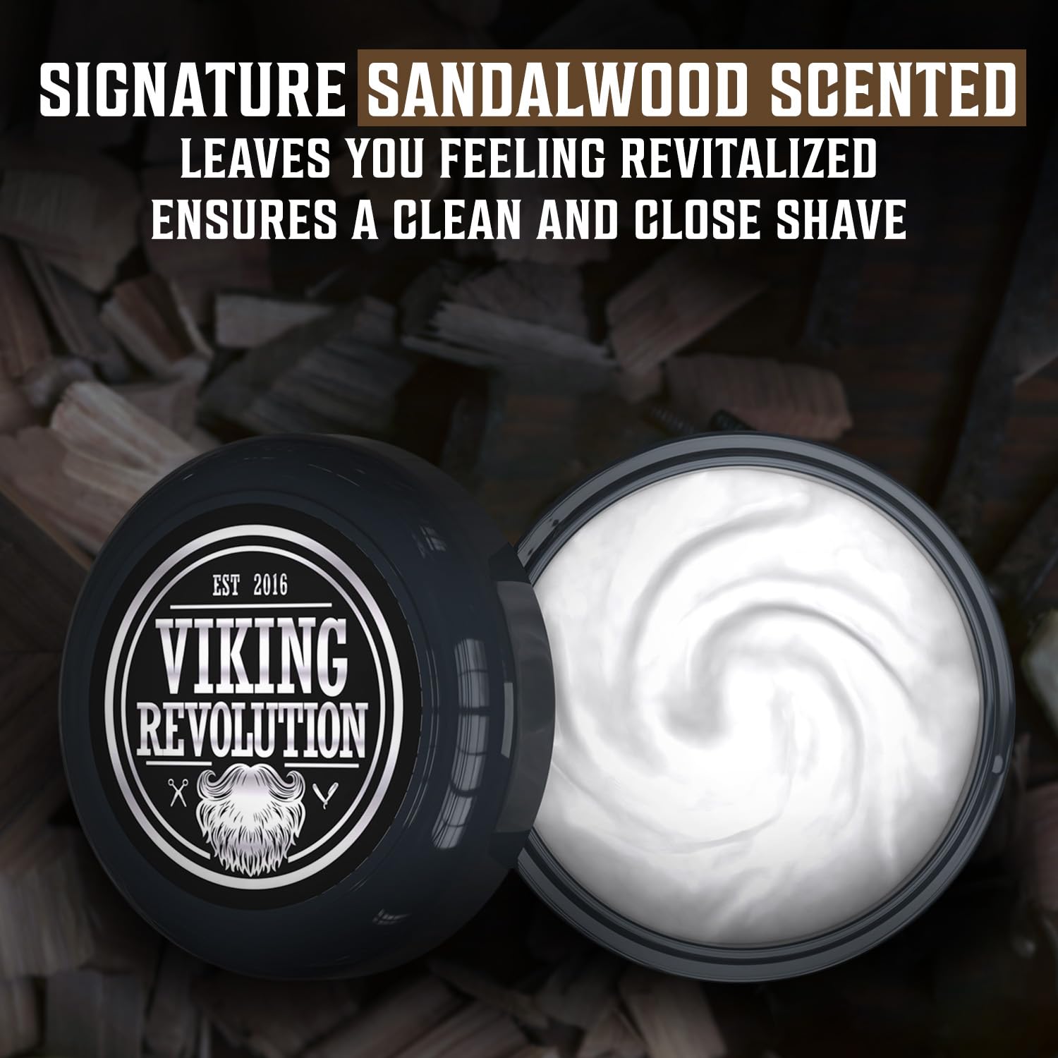 Highlights the product's signature sandalwood scent and its revitalizing effect, emphasizing the clean and close shave it provides.