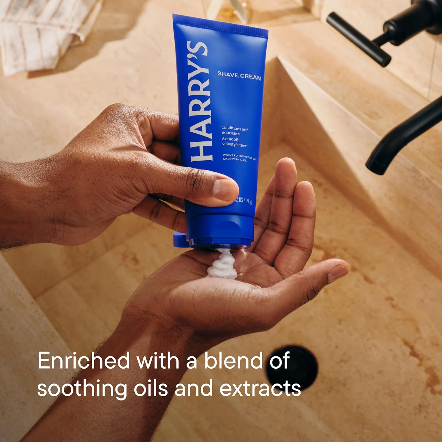 Highlights the product's enriched formula with soothing oils and extracts to reassure customers about its gentle and nourishing properties.