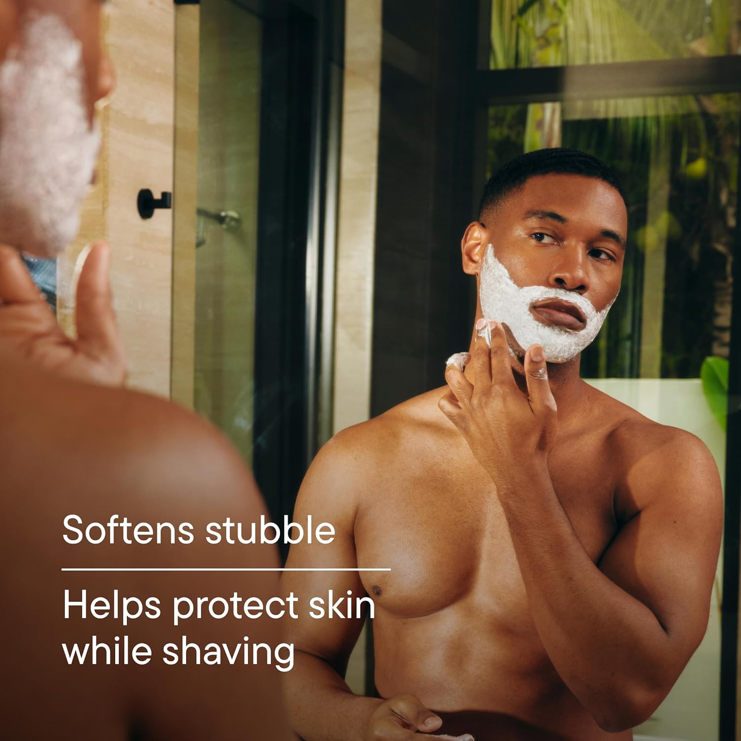 Highlights the product's ability to soften stubble and protect skin during shaving, emphasizing its effectiveness for a comfortable shaving experience.