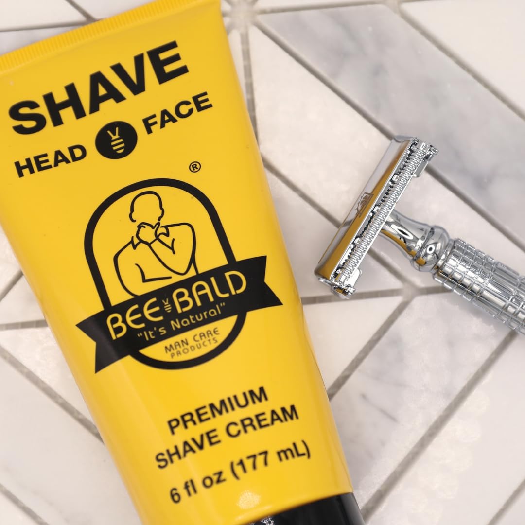 Highlights the premium quality shave cream for head and face, emphasizing its suitability for bald men.
