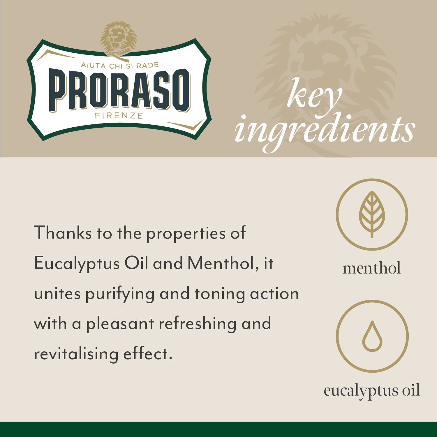 Highlights the key ingredients (eucalyptus oil and menthol) and their benefits (purifying, toning, refreshing, and revitalizing) to inform customers about the product's effectiveness.