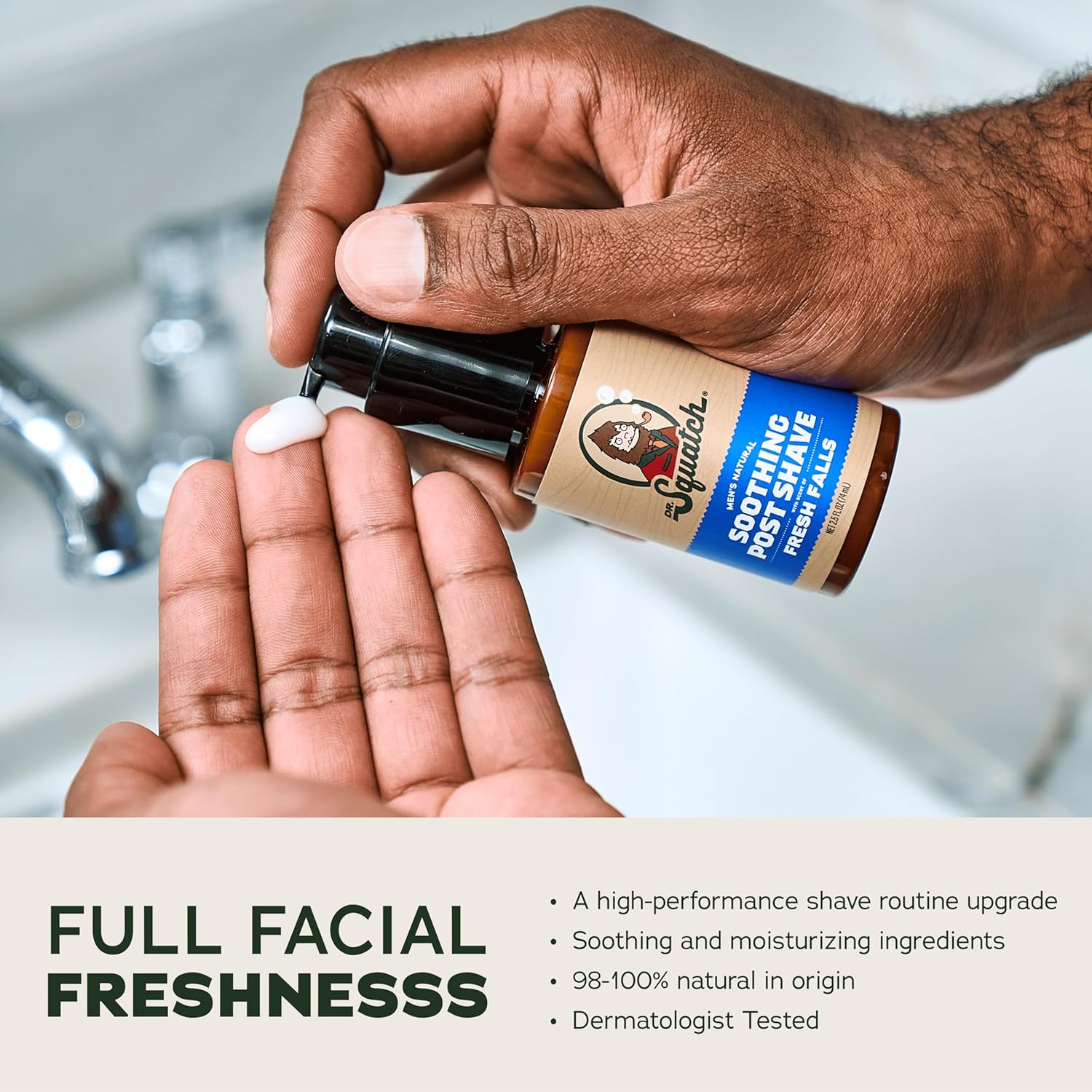 Highlights the product's ability to provide a refreshing and soothing post-shave experience, emphasizing its natural ingredients and dermatologist-tested formula.