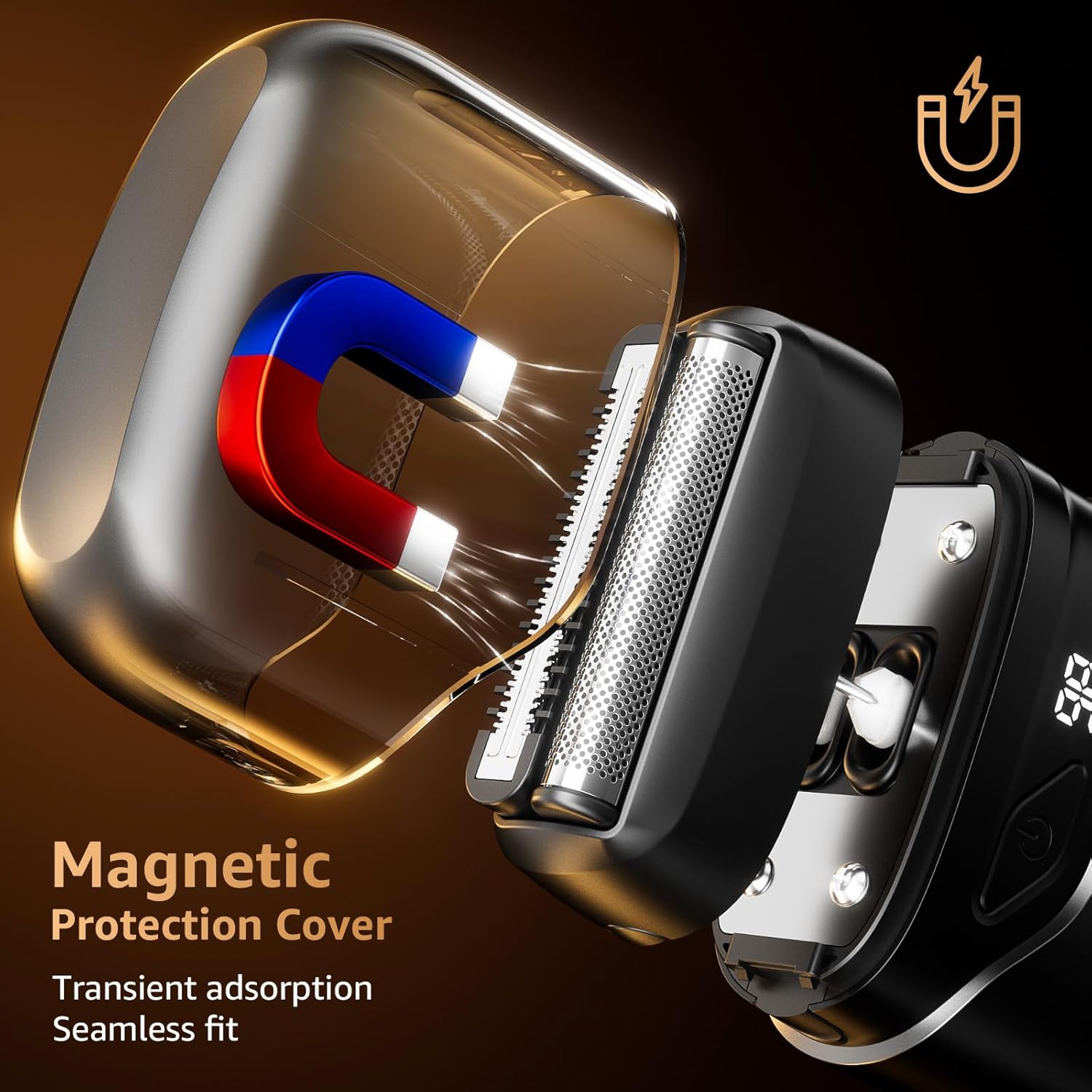 Highlights the product's magnetic protection cover feature, emphasizing its seamless fit and transient adsorption capabilities.