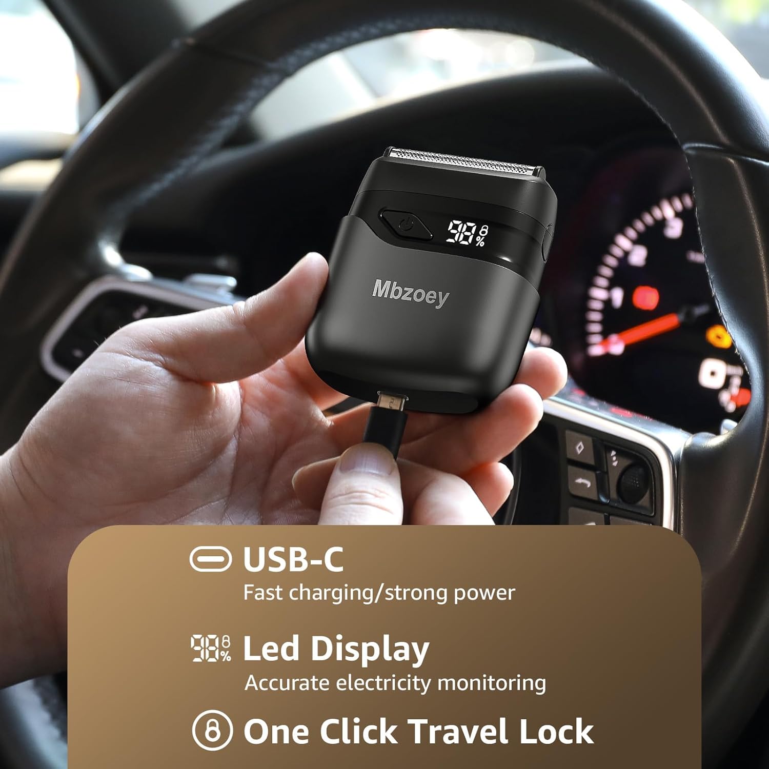 Highlights multiple key features of the electric shaver to demonstrate its convenience and functionality for travel use.