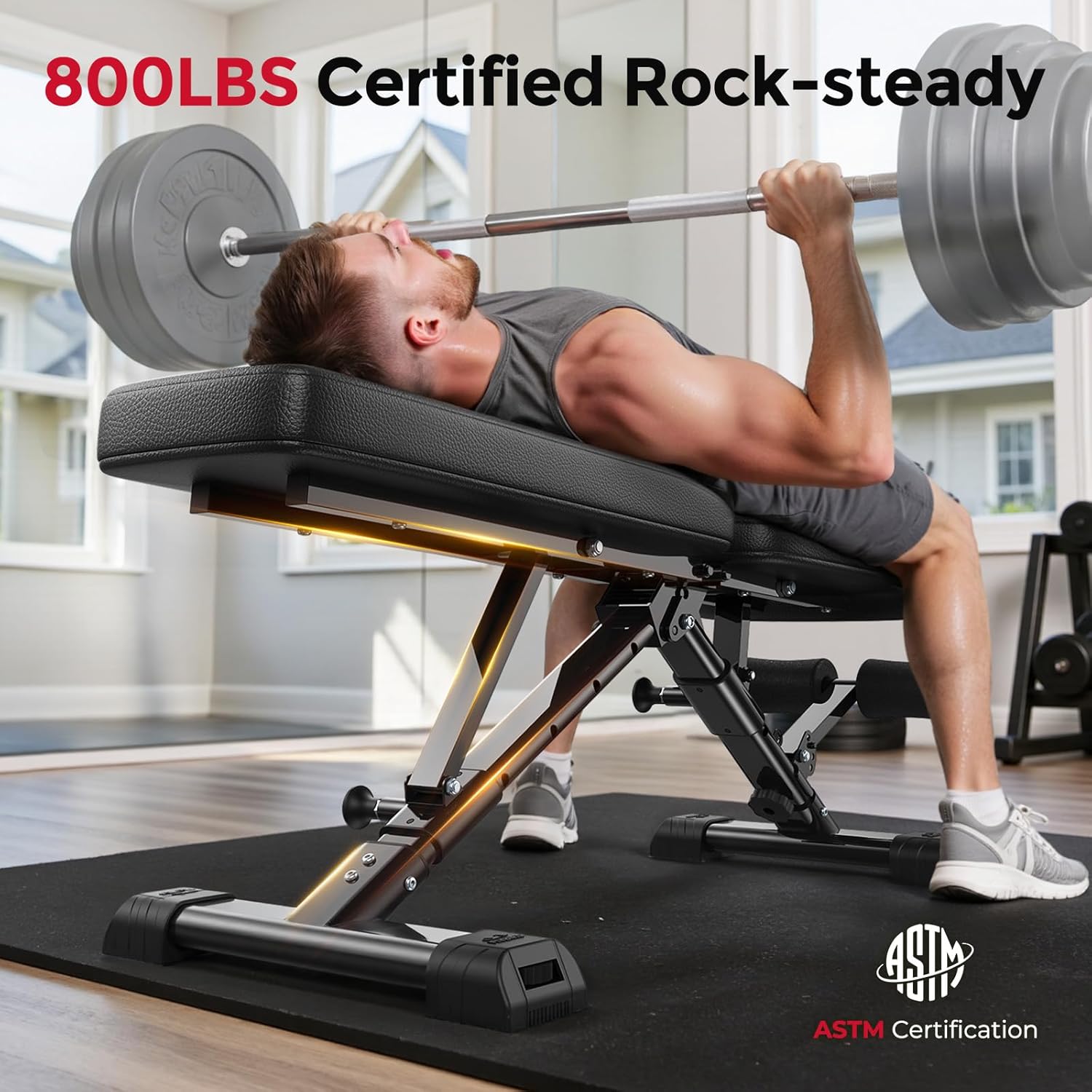 Highlights the bench's impressive 800 lbs weight capacity to reassure customers of its strength and durability for heavy lifting. Emphasizes the product's safety and quality through ASTM…