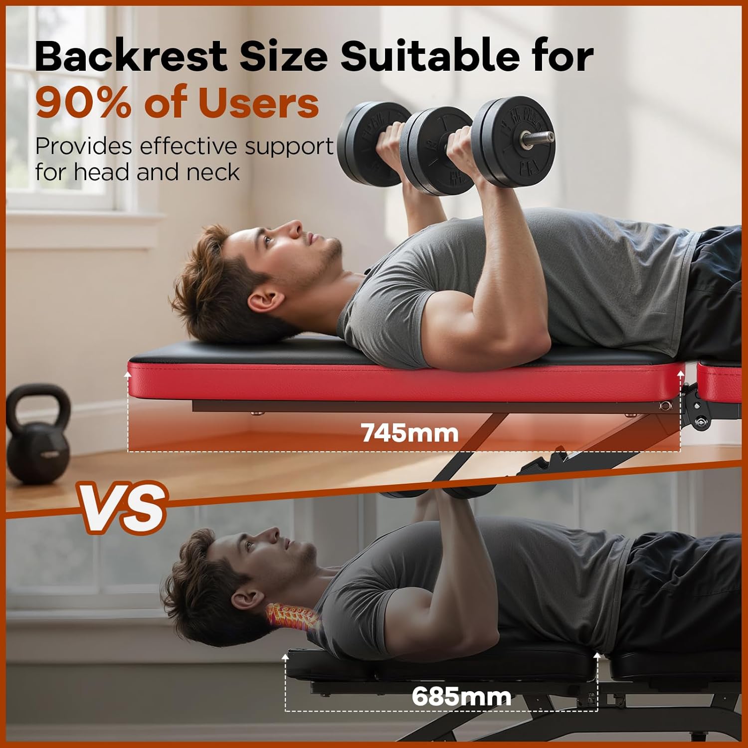 Demonstrates the superior backrest size of the product compared to a competitor, highlighting better support for head and neck. Provides specific measurements of the backrest size and quantifies its…