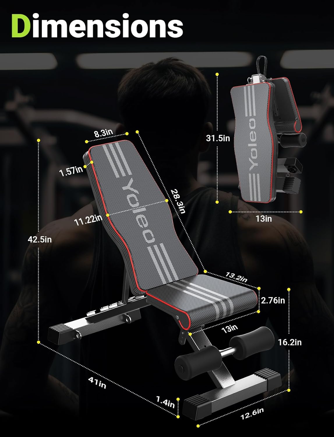 Provides precise measurements of the exercise bench to help shoppers understand its size and fit in their space.