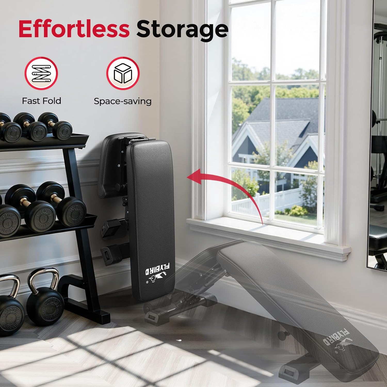 Highlights the product's easy storage features, emphasizing its quick folding ability and compact design to save space.