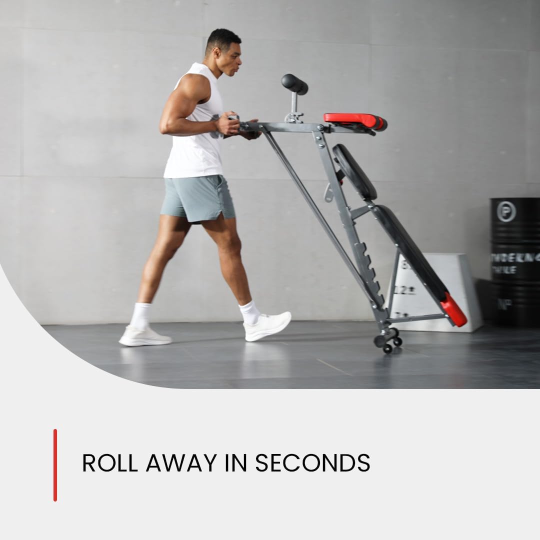 Demonstrates how quickly and easily the exercise equipment can be rolled away for storage, emphasizing its space-saving design.