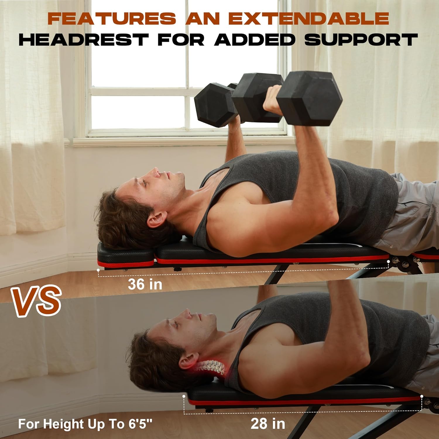 Highlights the adjustable headrest feature to show improved support and comfort for users of different heights.