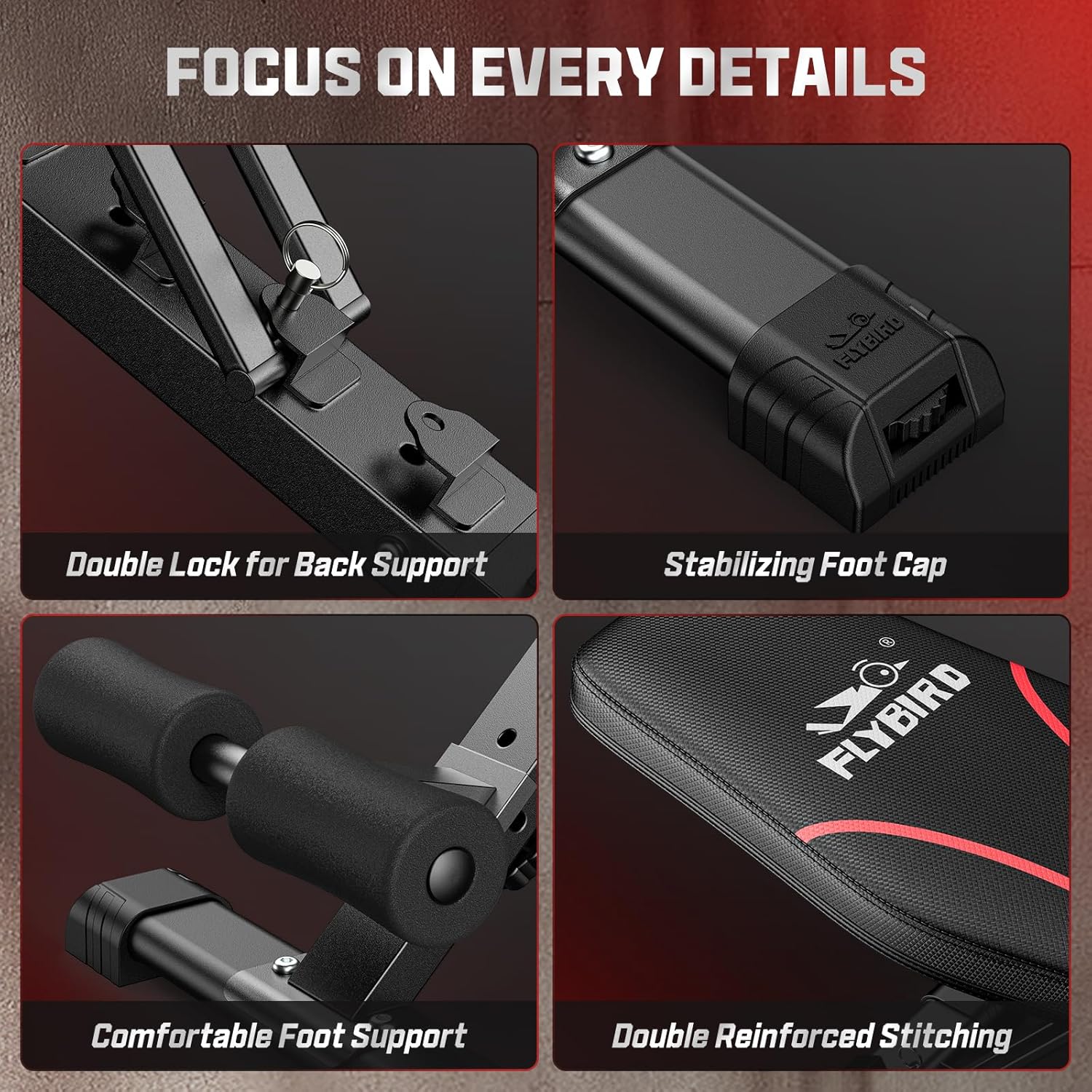 Highlights key design features that contribute to the product's stability, support, and durability.