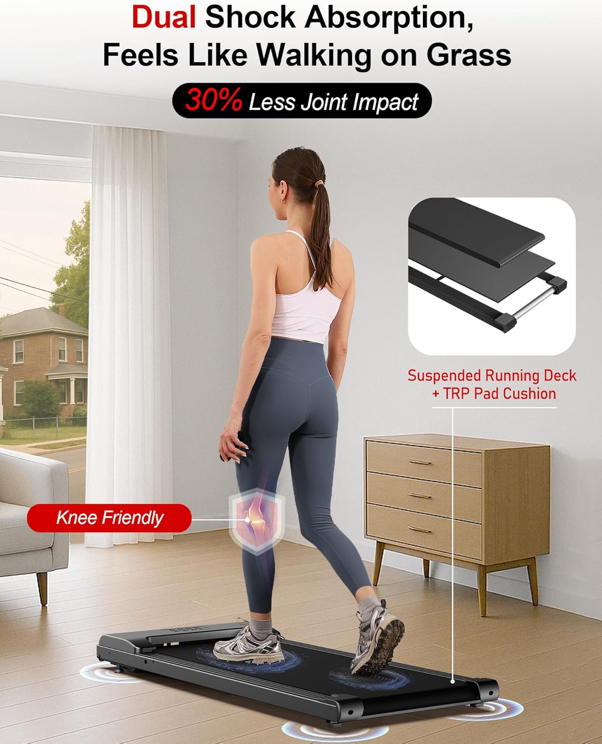 Highlights multiple benefits of the treadmill's running surface, emphasizing comfort and joint protection for the user. Provides a quantifiable benefit to reassure users about the product's…