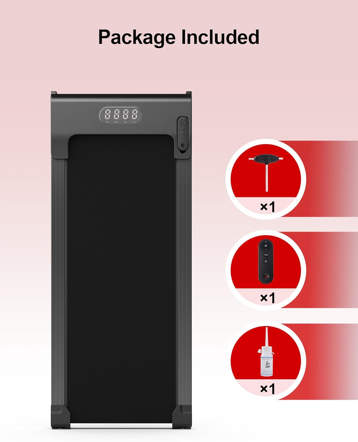 Shows the complete package contents, including the main product (treadmill) and accessories, to inform customers of everything they will receive.